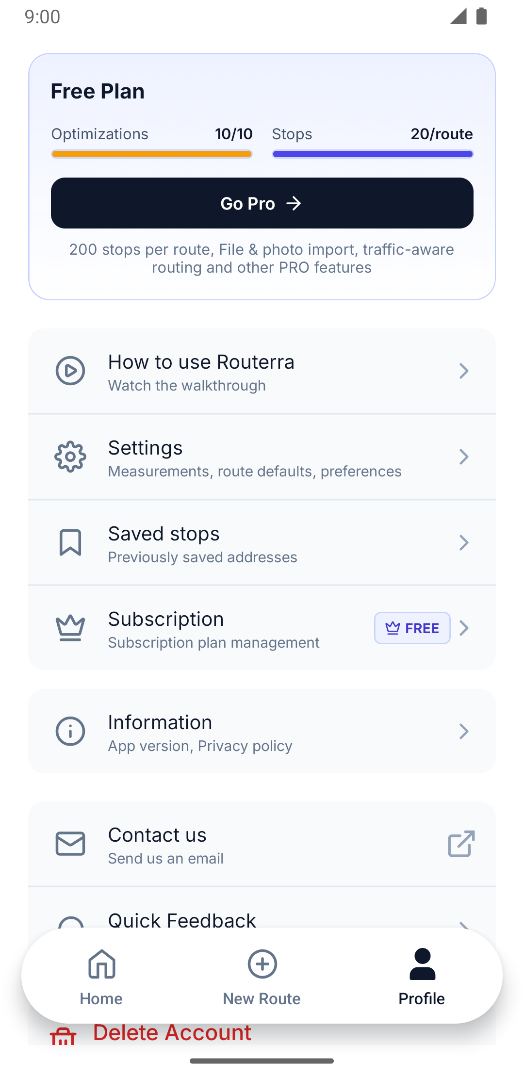 Profile tab plan card with the Stops and Optimizations meters
