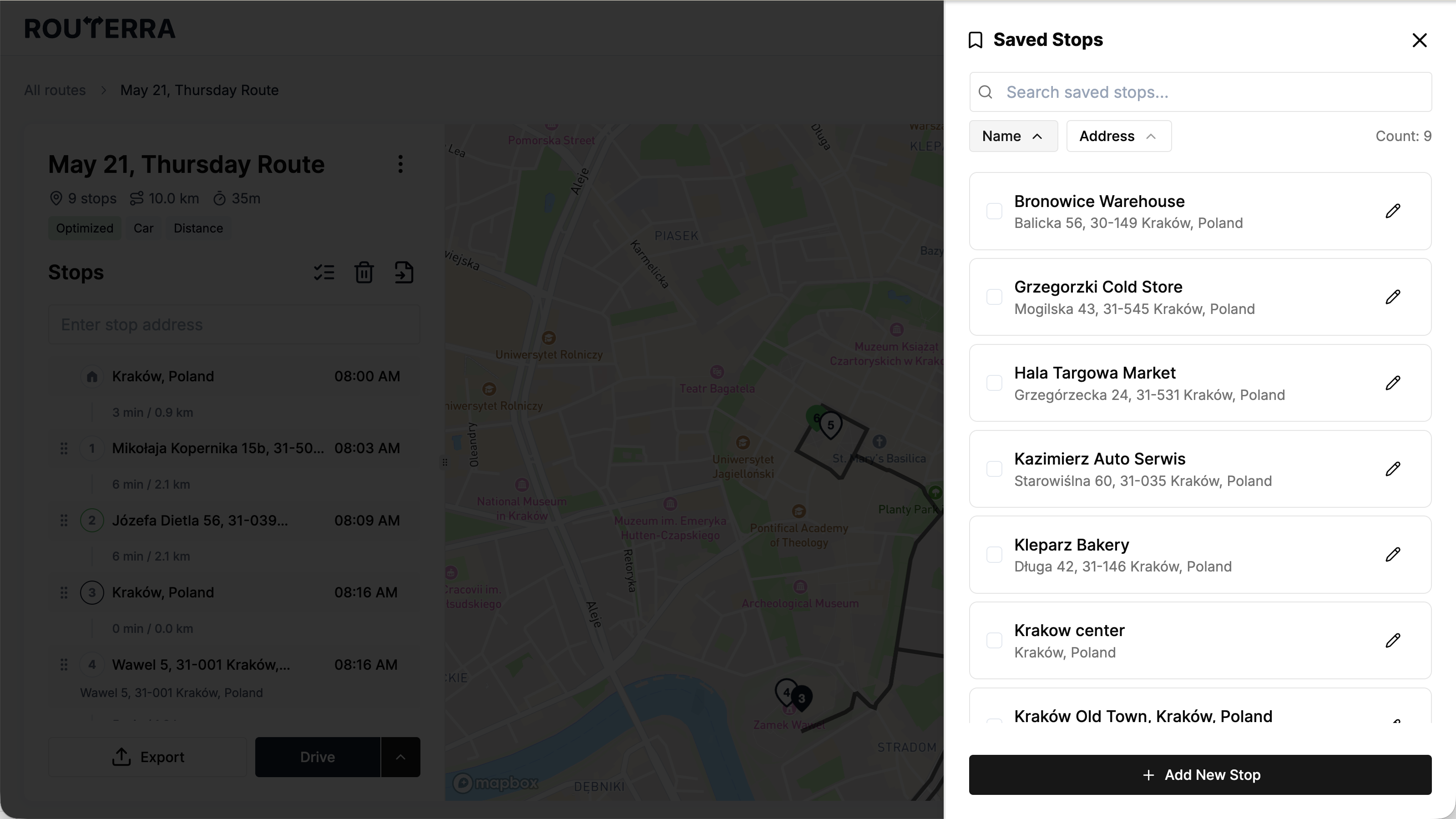 The Saved Stops panel on the web app