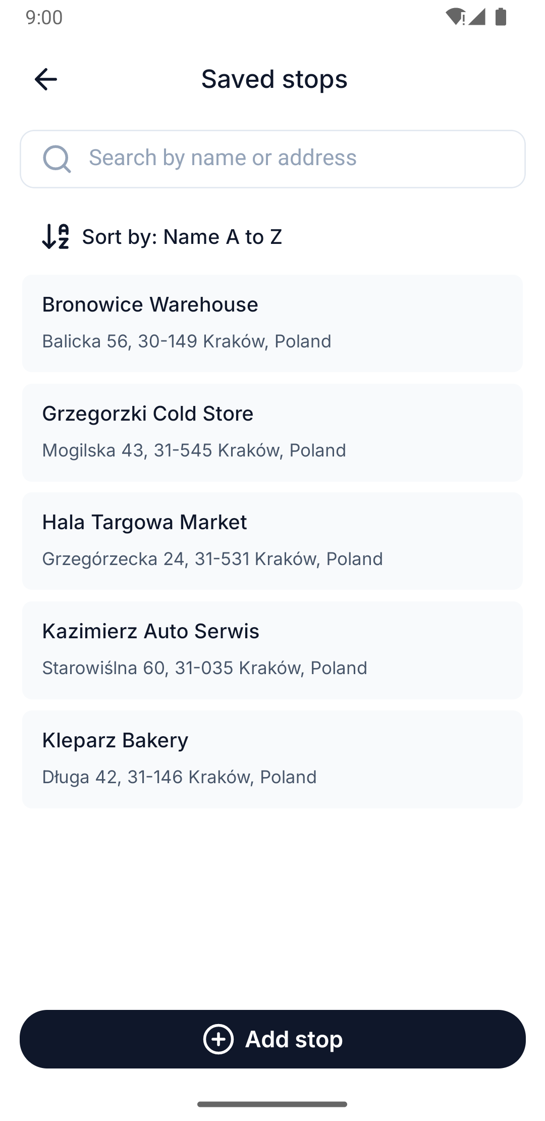The saved stops list in the phone app