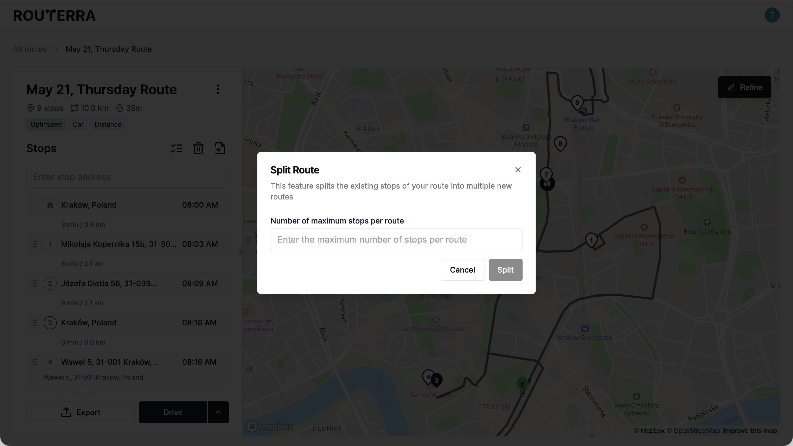 The Split Route dialog with its maximum-stops field