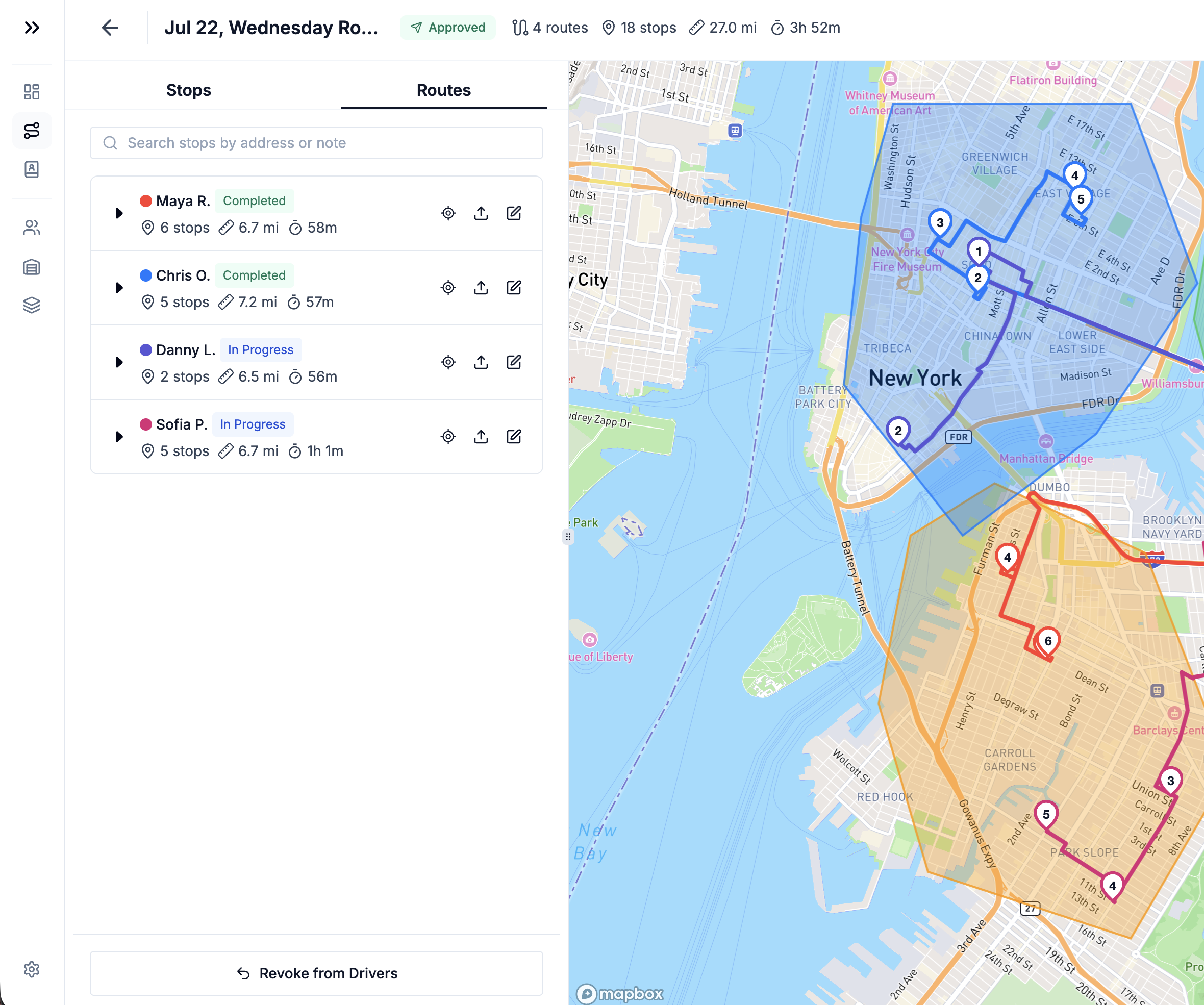 Plan with Send routes to drivers action and Approved status
