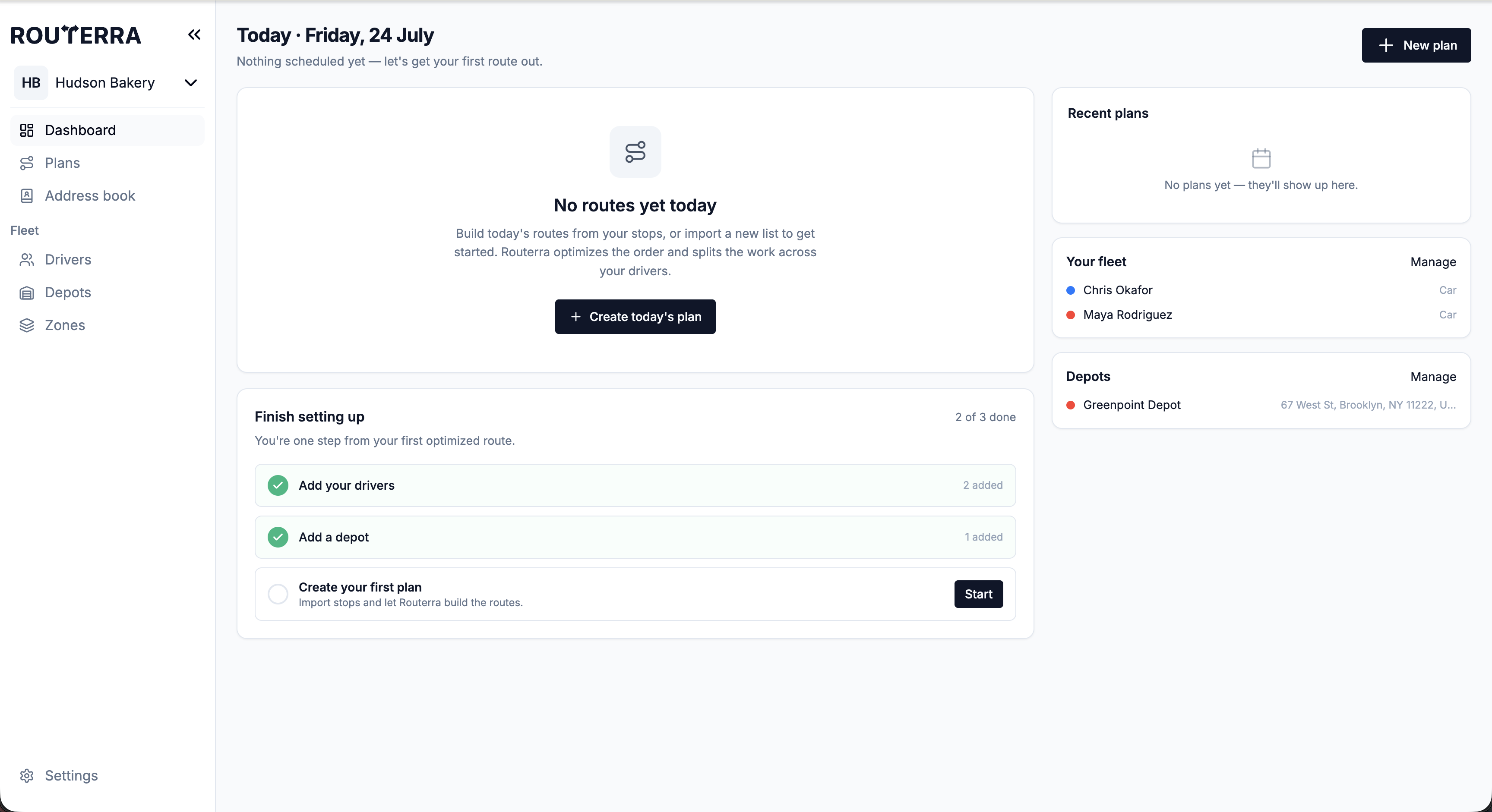 Dashboard right after setup: the Finish setting up checklist shows 2 of 3 done, with Create your first plan remaining