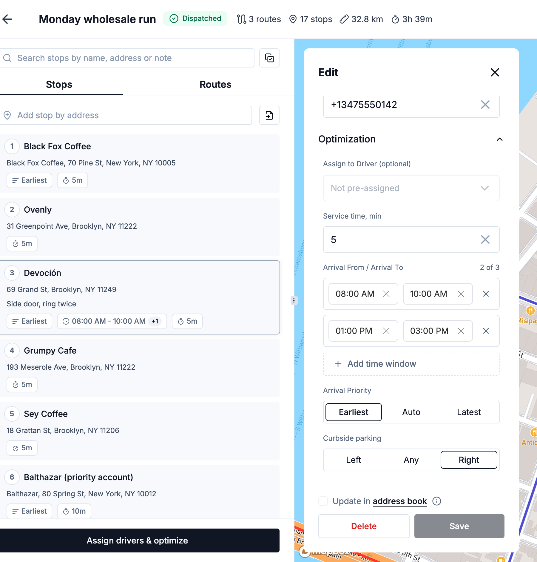 Stop edit sheet, Optimization section — service time, two arrival windows, arrival priority, curbside parking