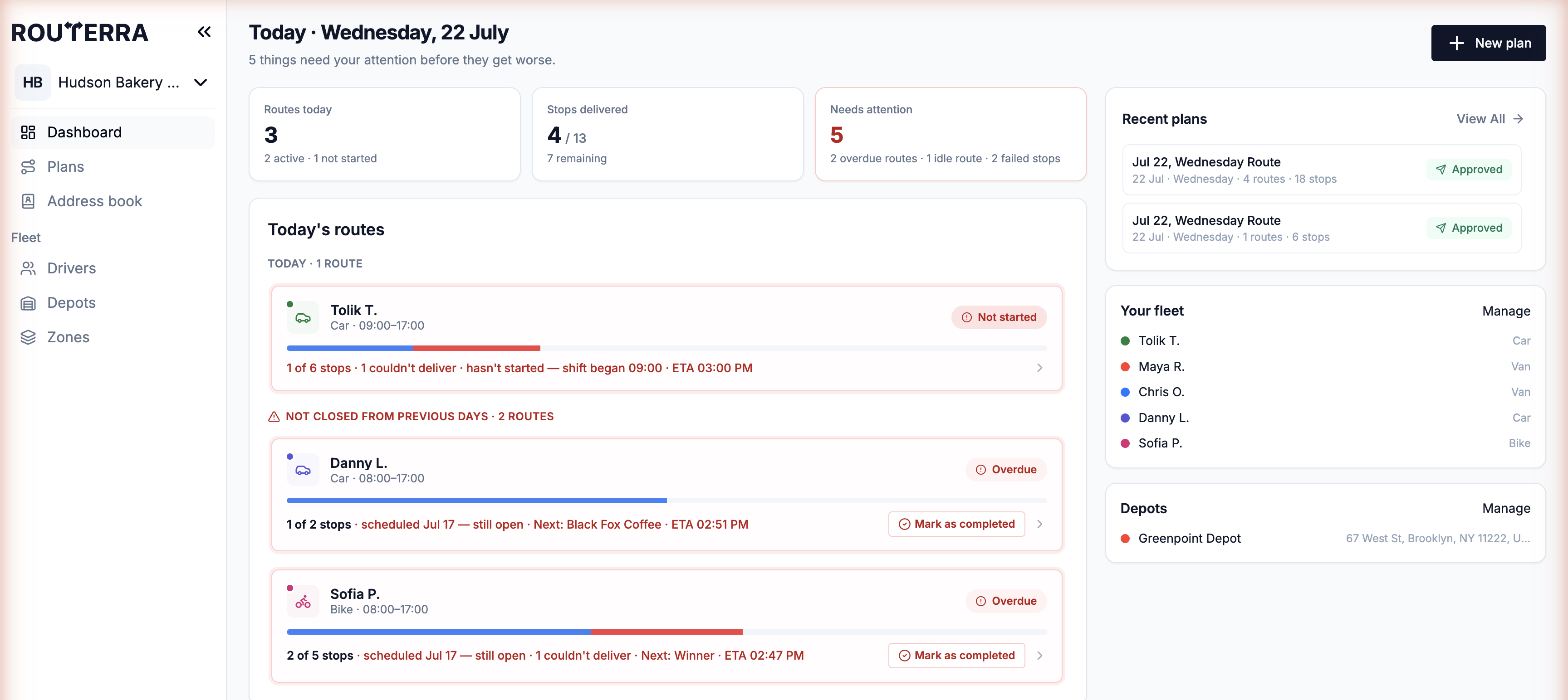 Dashboard mid-day with route progress cards