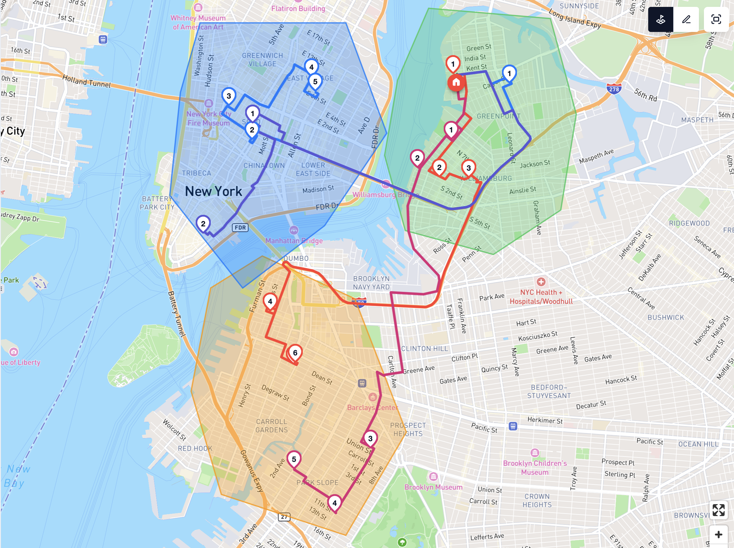 Optimized plan with three balanced routes on the map