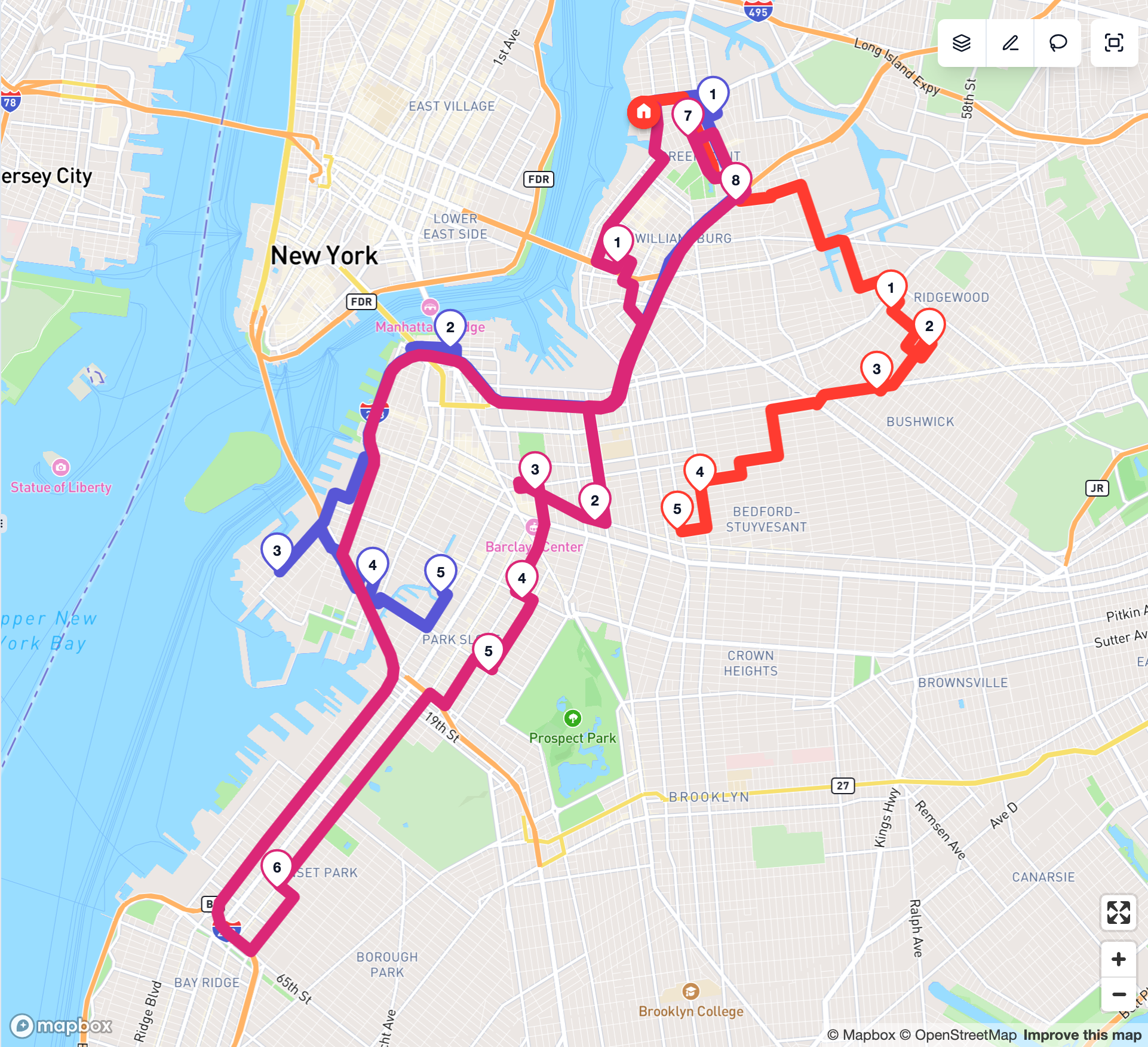Optimized plan with three balanced routes on the map, one colour per route