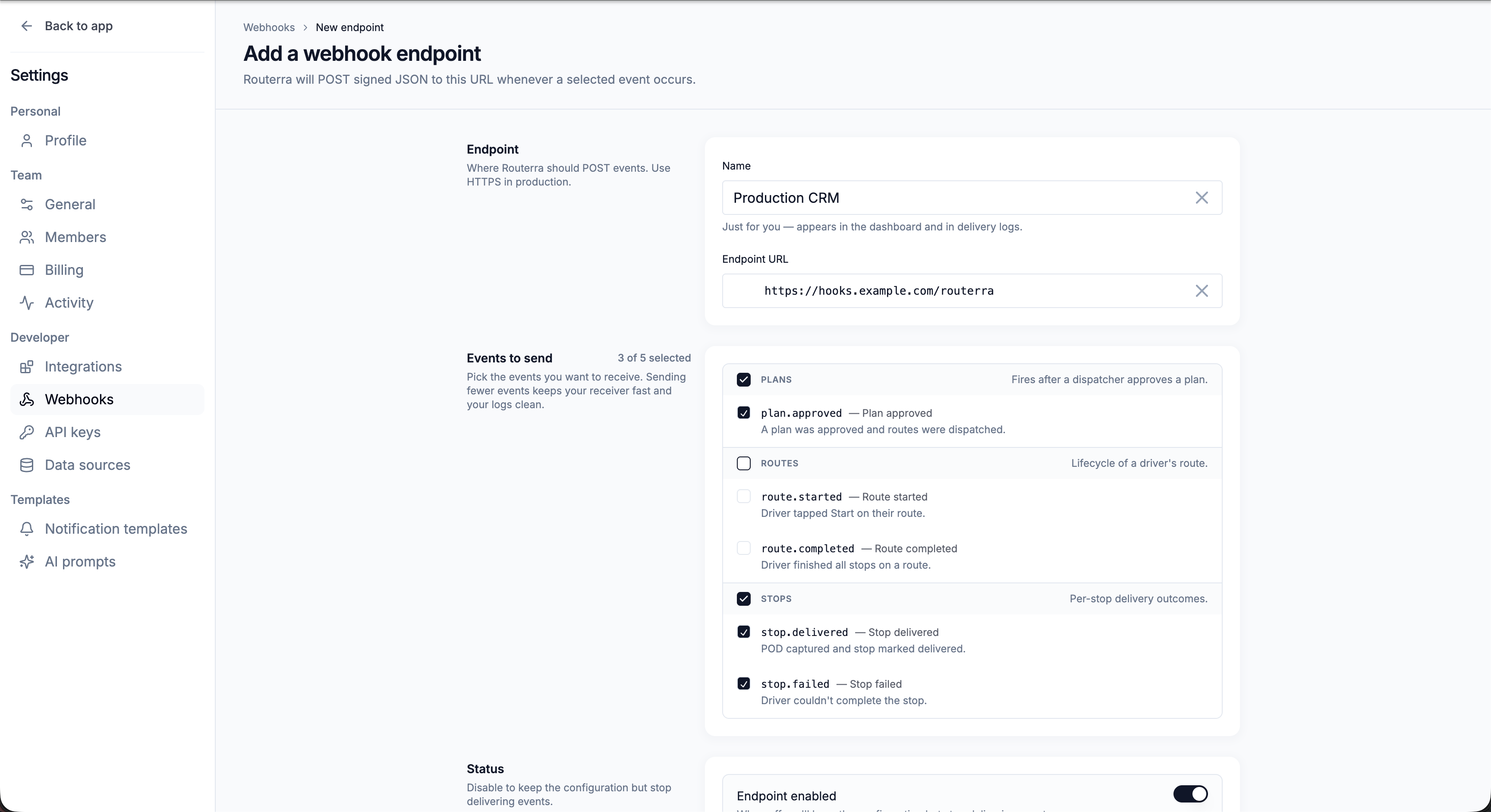 Add a webhook endpoint form with the URL field and grouped event checkboxes