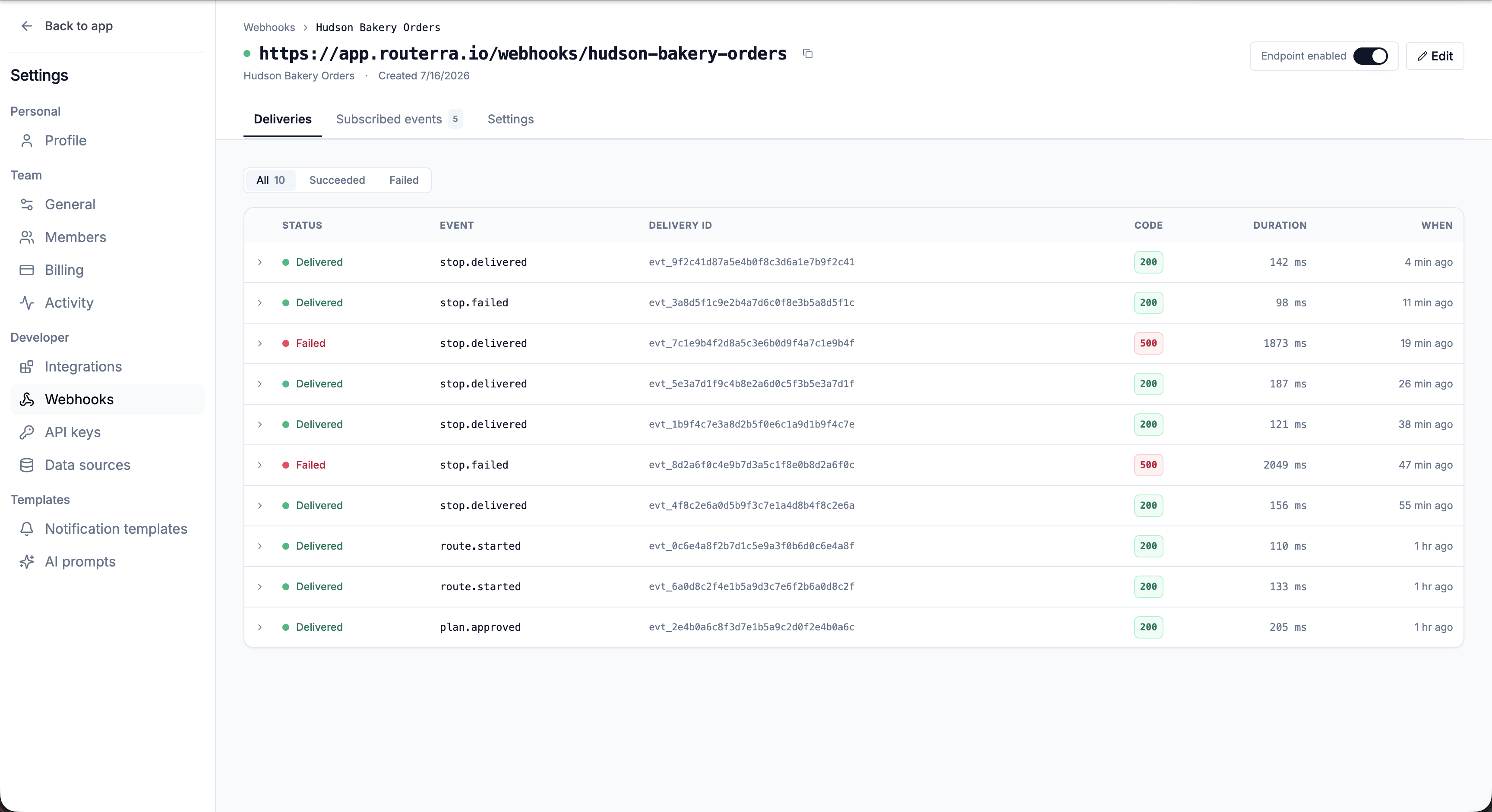 Webhook deliveries log with succeeded and failed rows