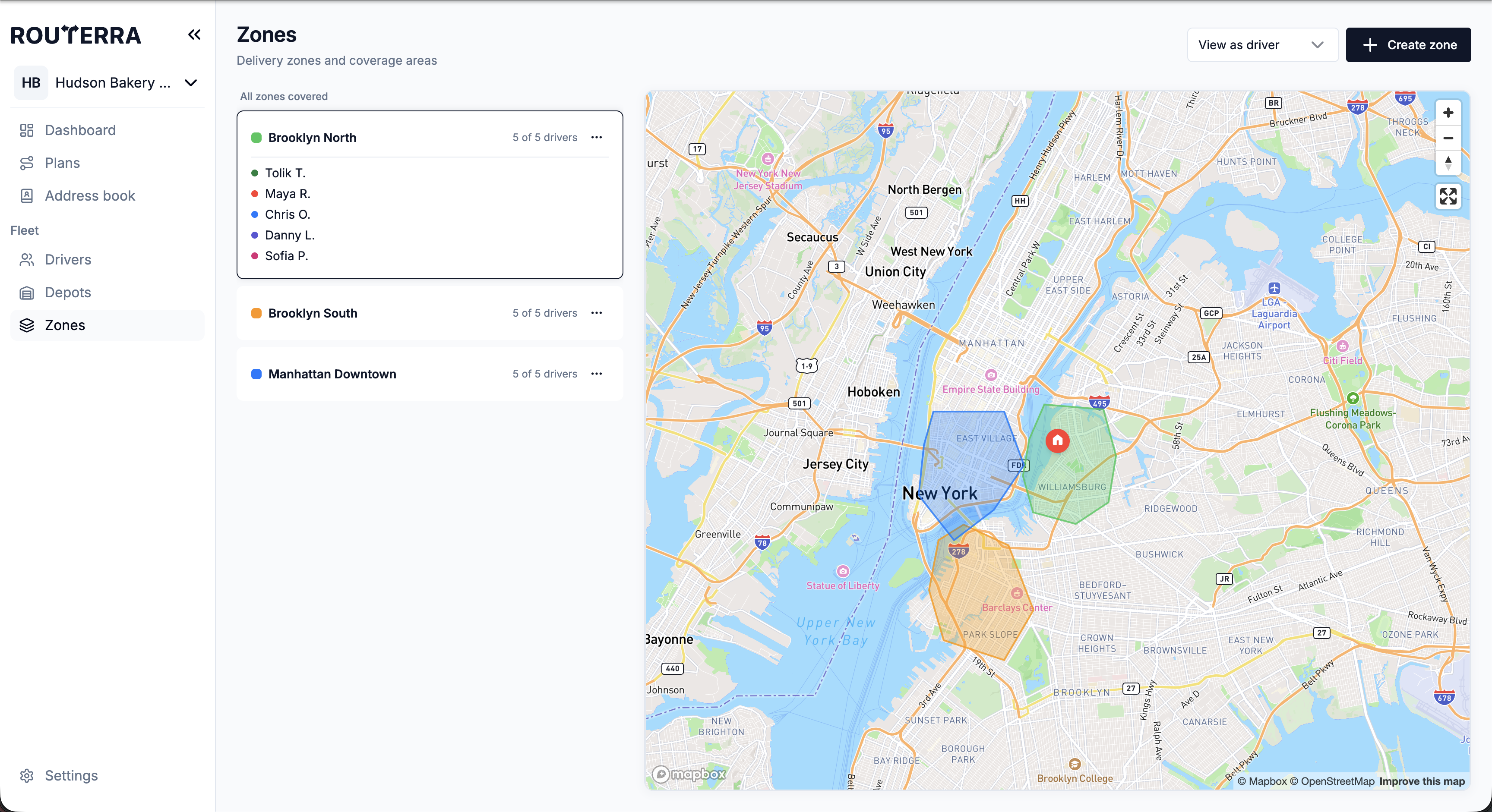 Zones page with three colored polygons on the map and one zone expanded to show its drivers
