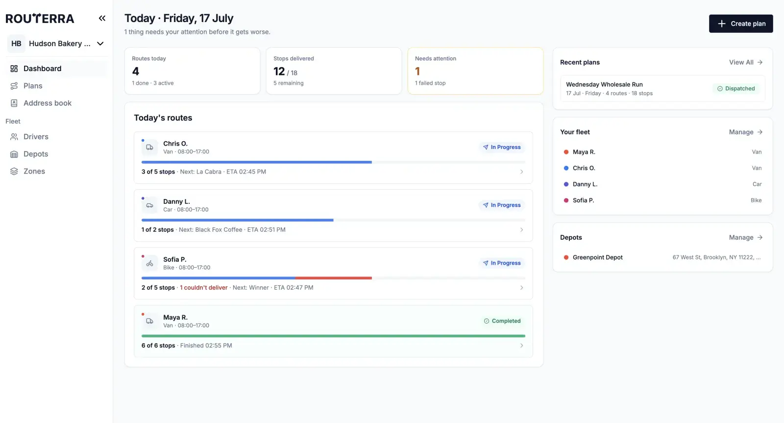 Routerra Teams dispatcher dashboard showing four live routes, 12 of 18 stops delivered and one failed stop flagged for attention