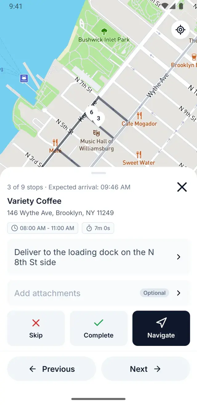Routerra driver app showing the next stop with arrival window, delivery note and Skip, Complete and Navigate actions