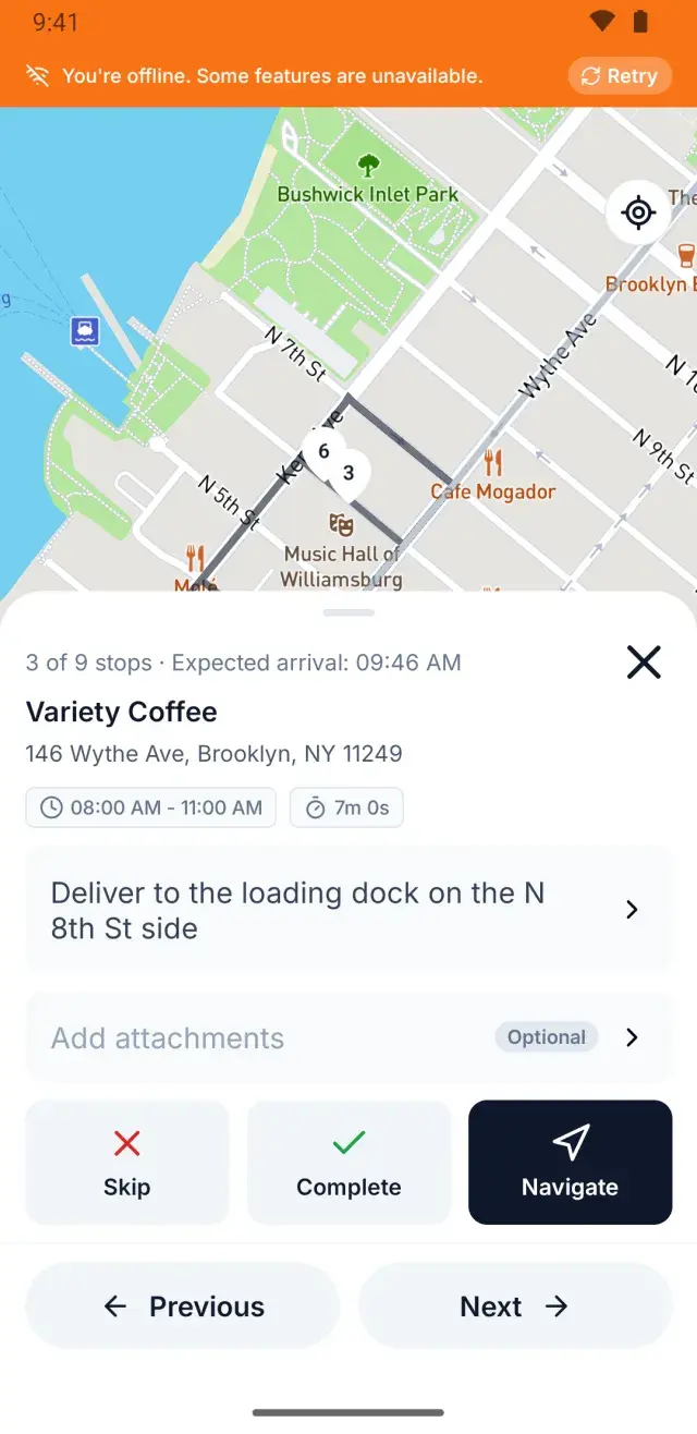Driver app working offline: an offline banner over the live stop sheet, with Skip, Complete and Navigate still available