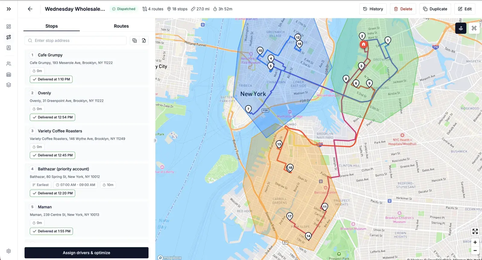 Plan editor with the day's 18 stops listed beside a Brooklyn and Manhattan map, including delivery windows and a priority stop