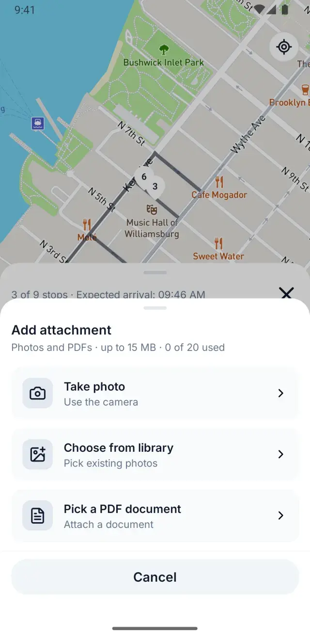 Proof-of-delivery sheet in the driver app for attaching photos or PDF documents to a stop
