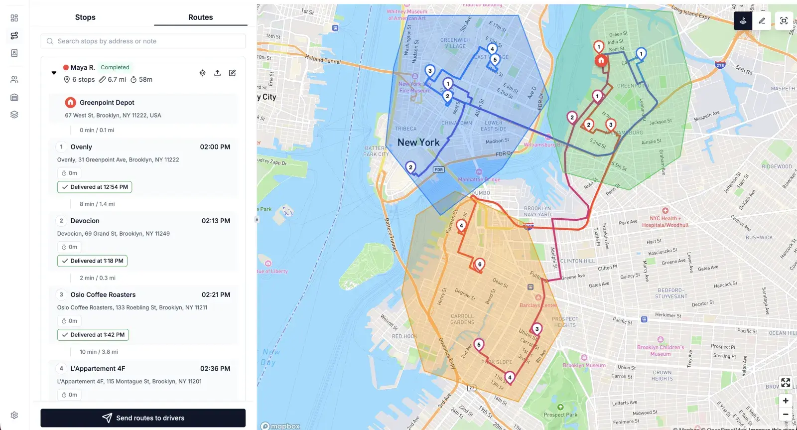 Optimized routes per driver with an expanded route showing depot start, stop order, ETAs and distance per leg