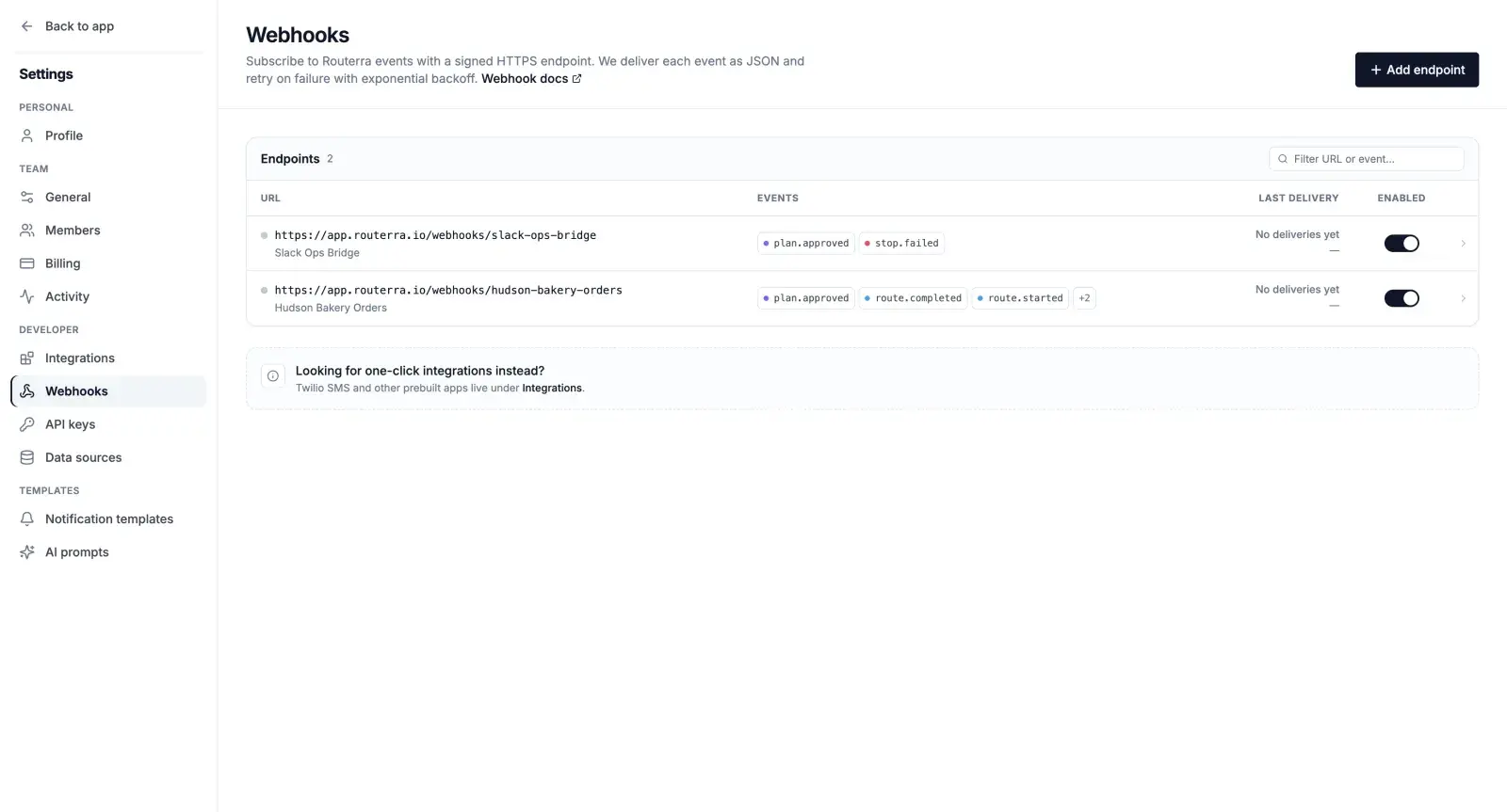 Webhook settings listing two endpoints subscribed to plan, route and stop events