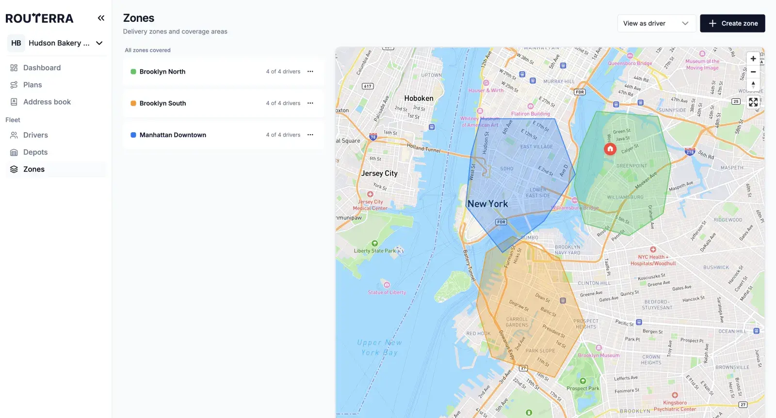 Three delivery zones drawn over a New York map, each covered by the team's drivers