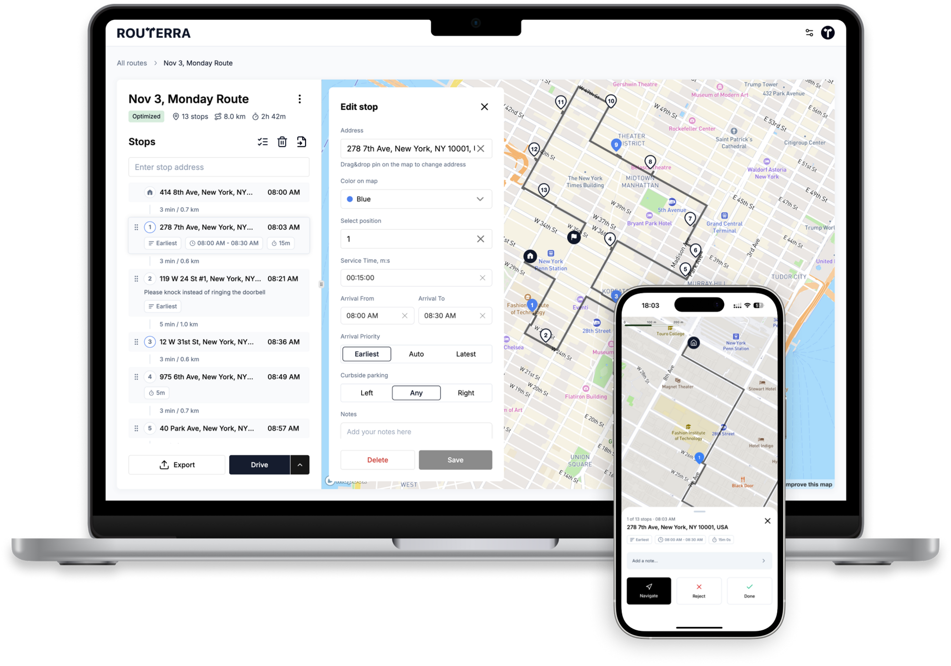Routerra delivery route planner app showing optimized multi-stop route on map