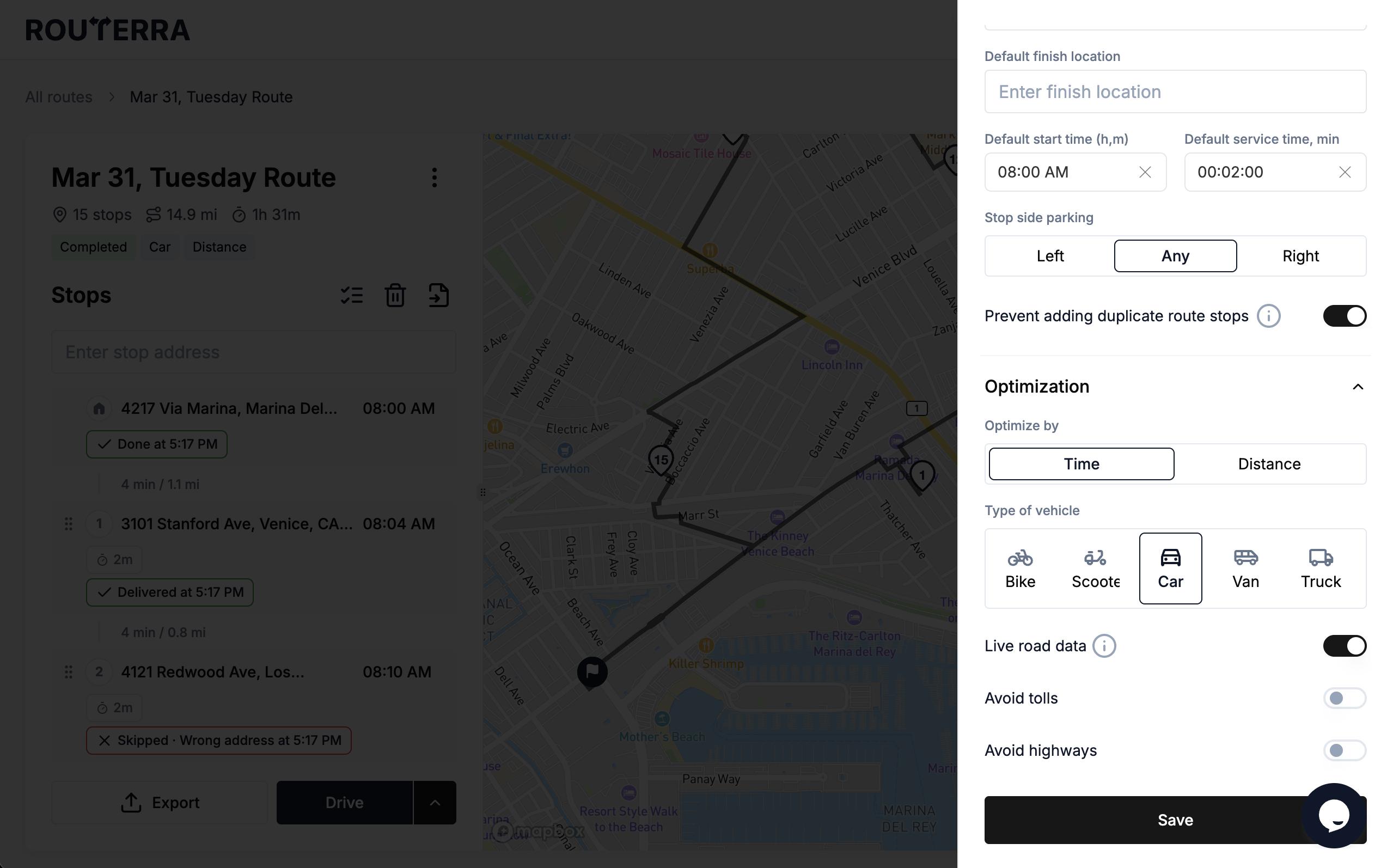 Route settings in Routerra app