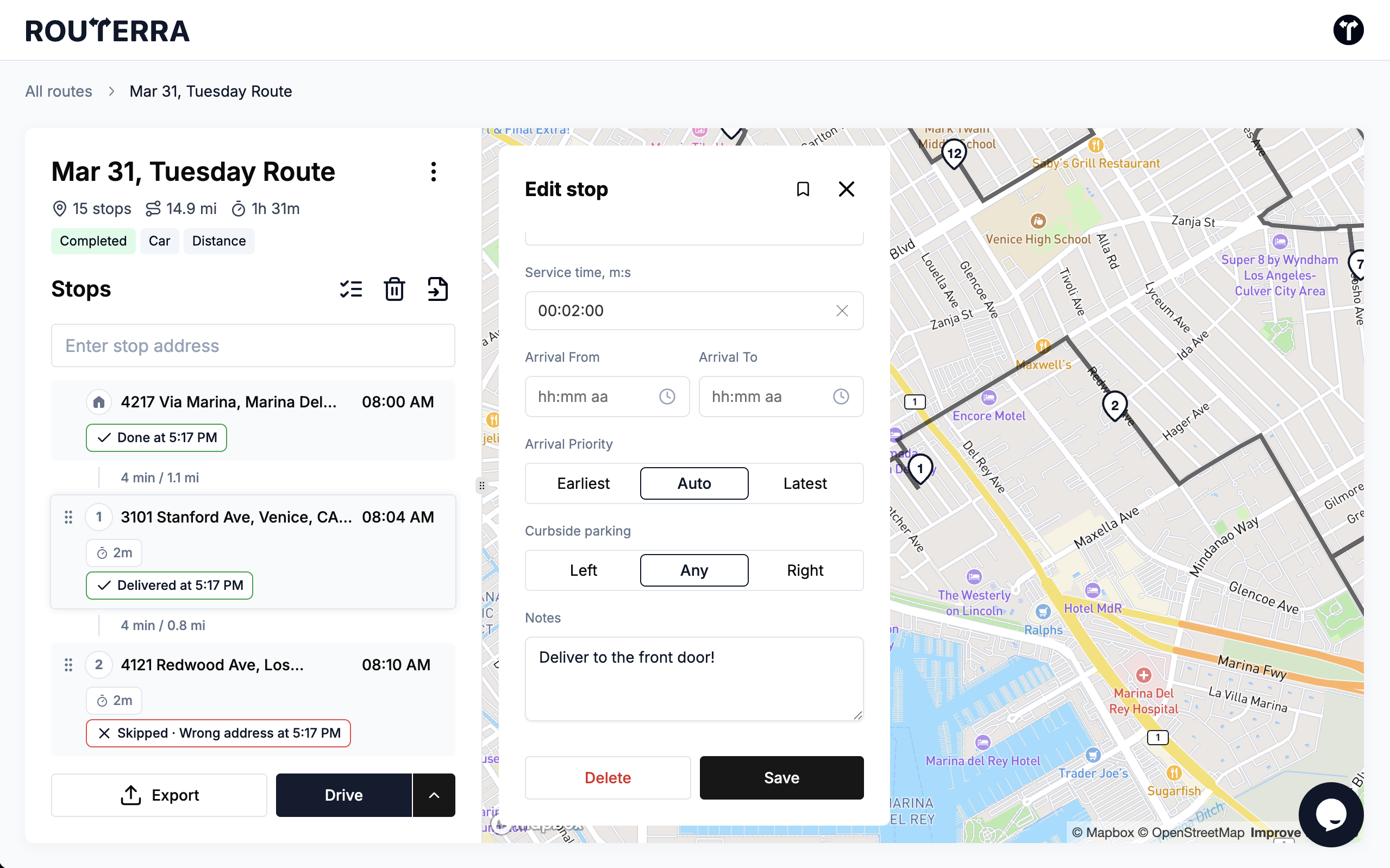 Stop settings in Routerra app