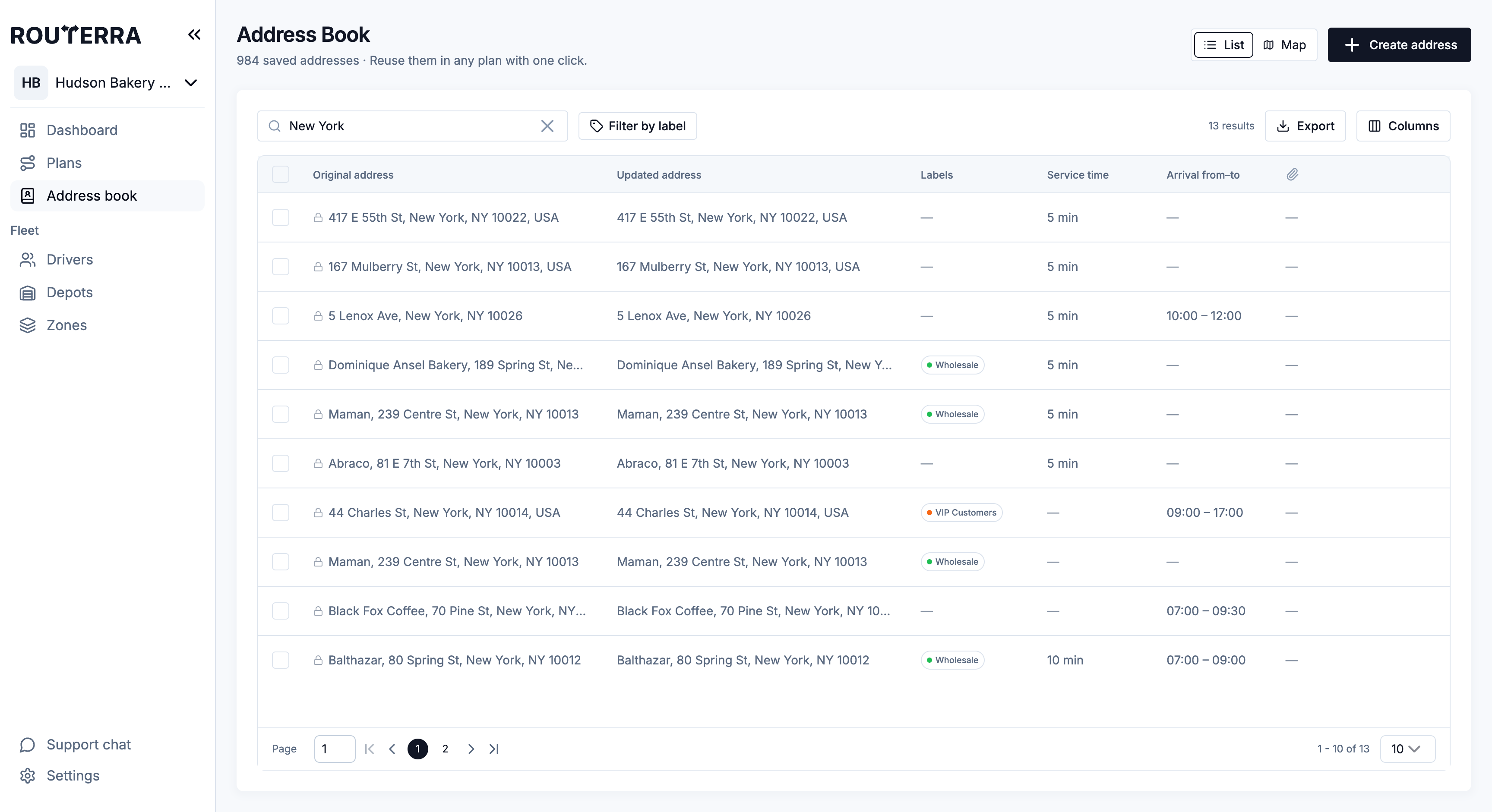 Address book list with saved entries, service times, and arrival windows