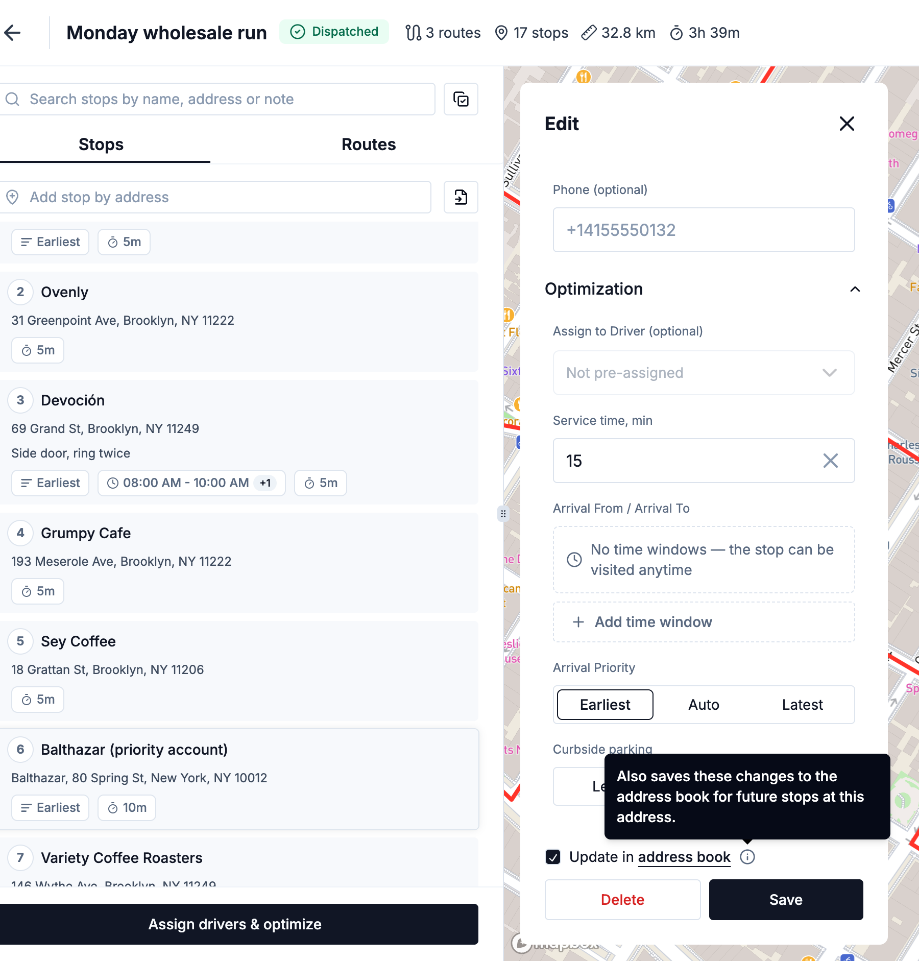 A stop's edit sheet with the Update in address book checkbox and its tooltip