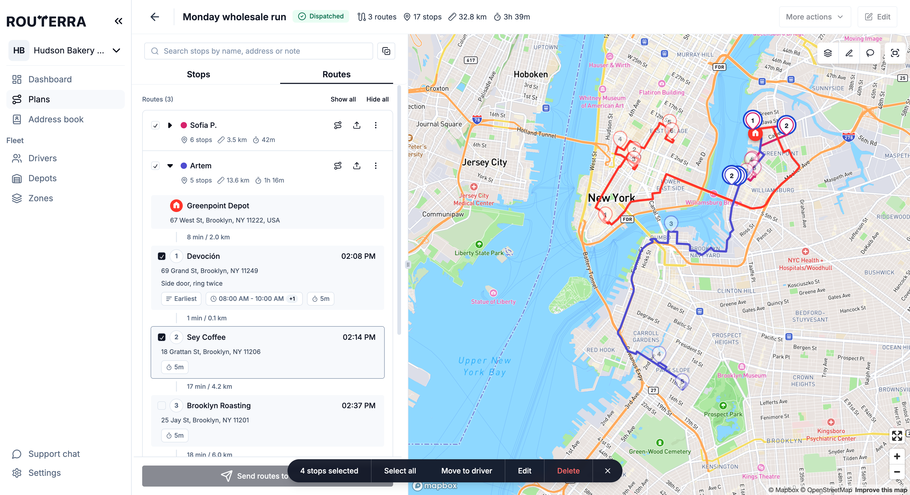 Routes tab in multiselect mode with four stops ticked across two routes and the selection bar