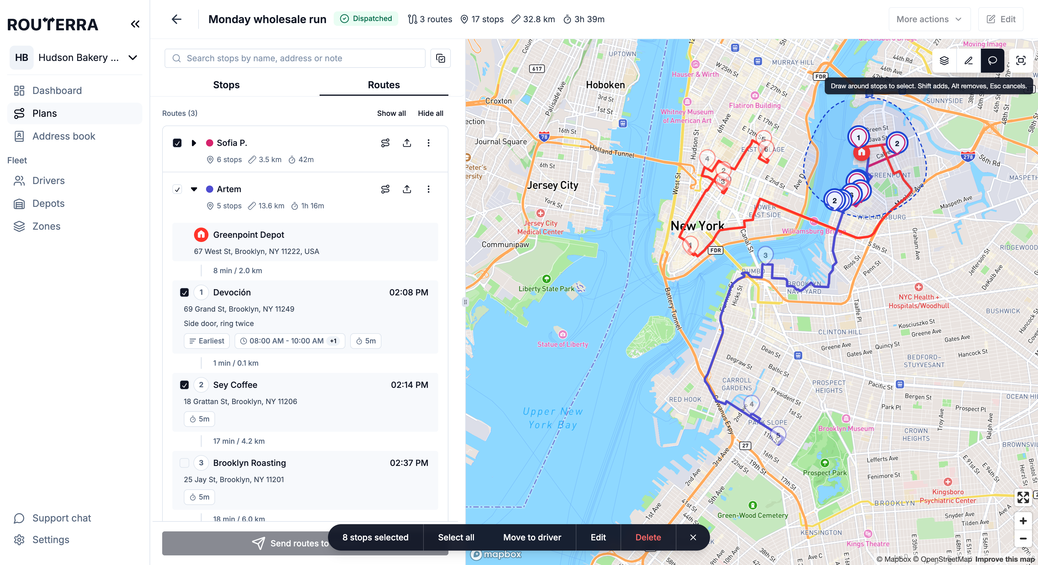 The plan map with the lasso drawn around a cluster of stops