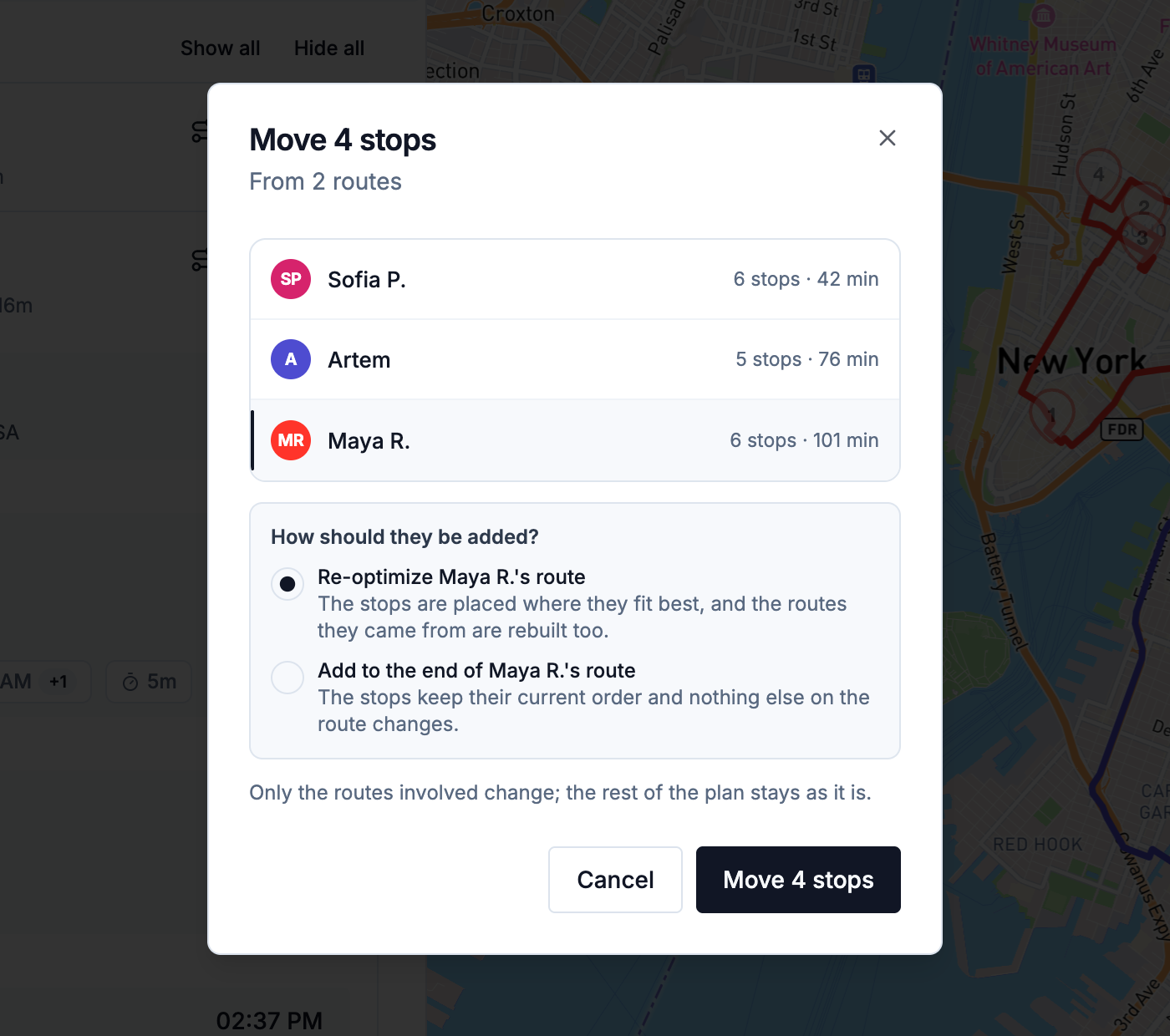 The Move stops dialog with the target driver list and the two ways to add the stops