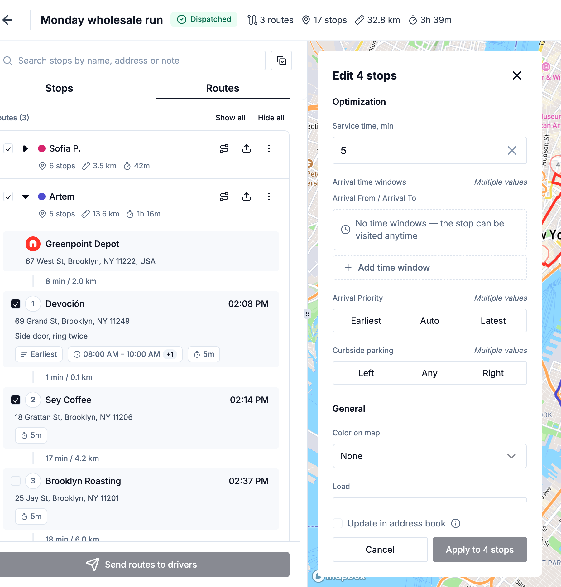 The Edit stops panel with mixed values and the Update in address book checkbox