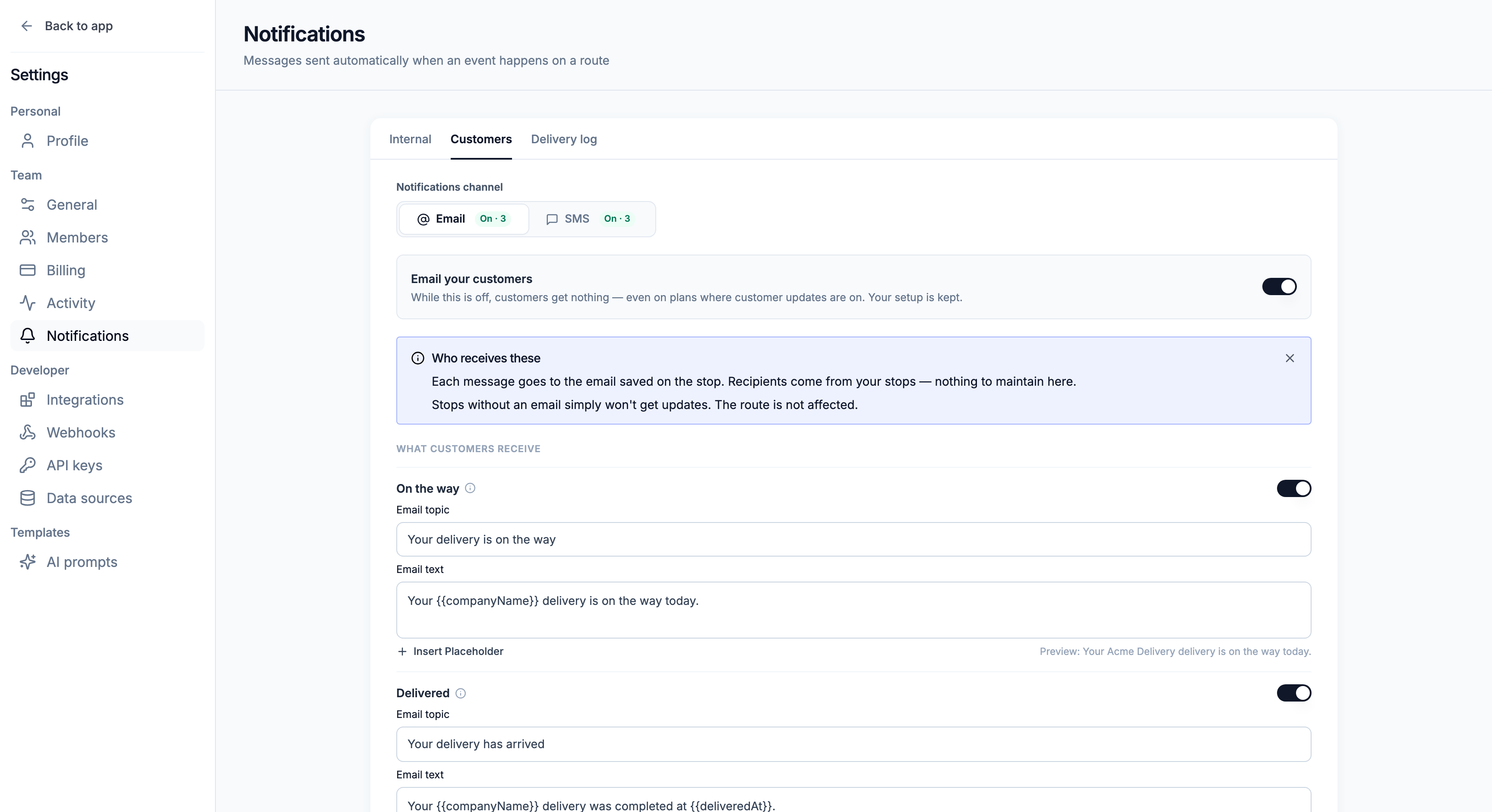 The Customers notifications tab for email: channel switch, who receives the messages and the first events
