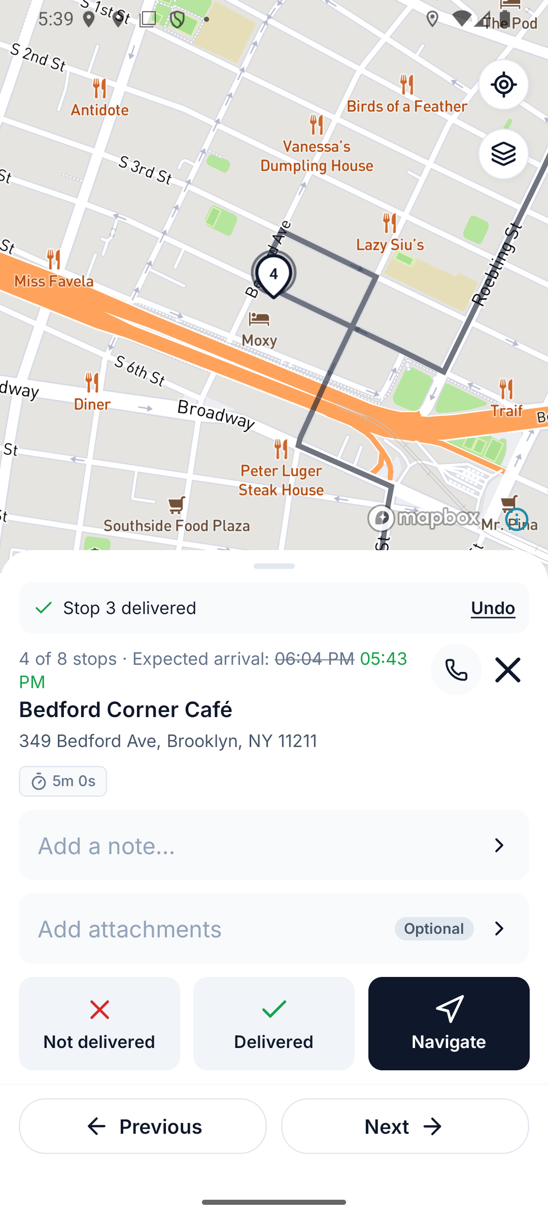 After Delivered the next stop opens, with Undo on the card