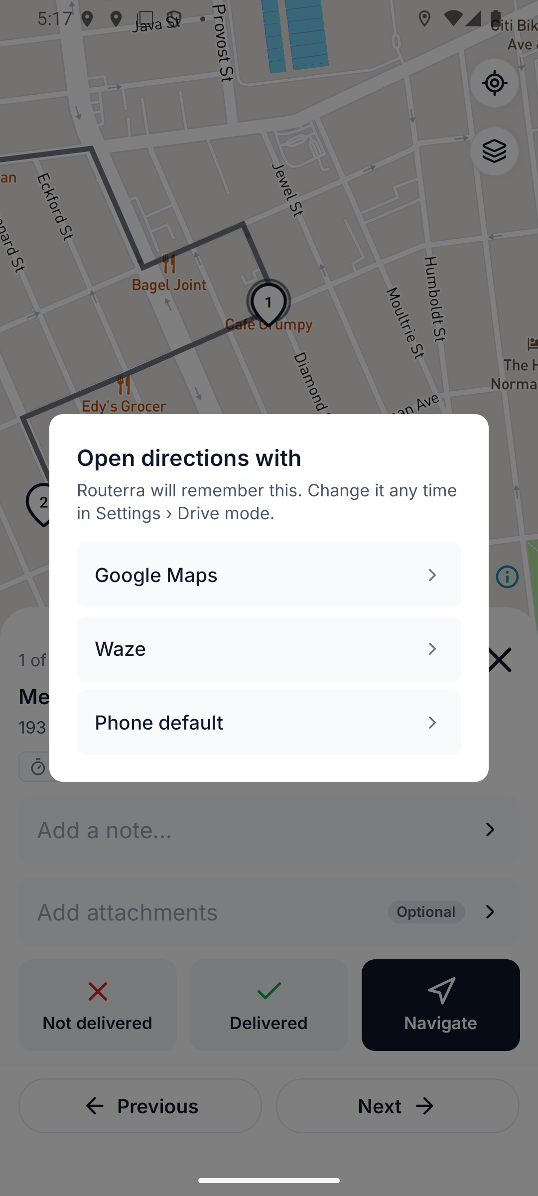The first Navigate tap asks which navigation app to use