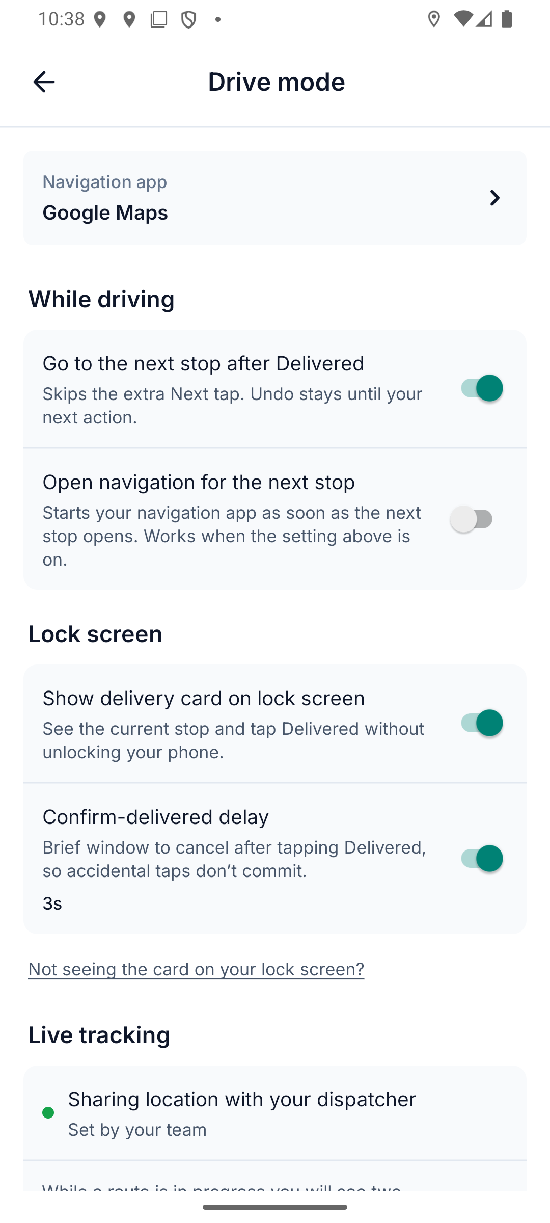 Settings › Drive mode with the navigation app, While driving toggles and live-tracking status