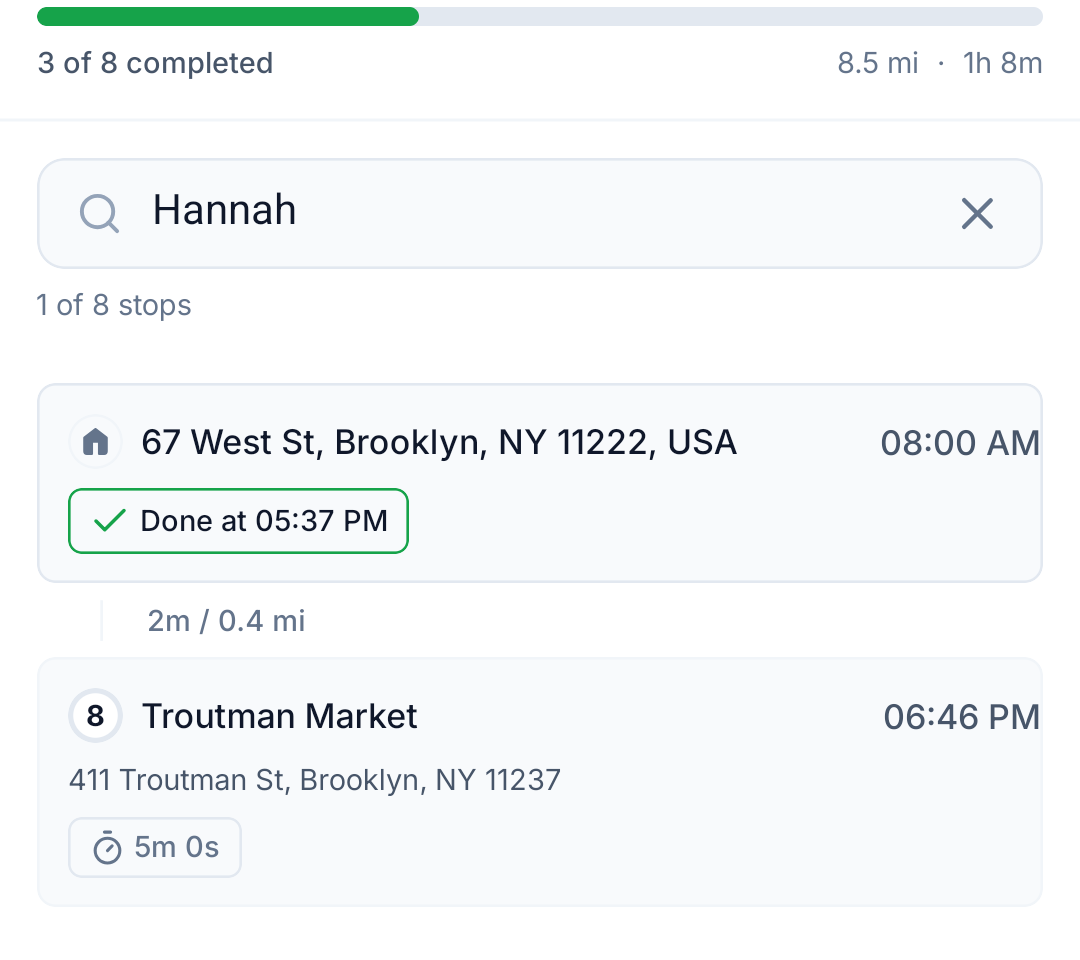 Search finds a stop by the recipient's name