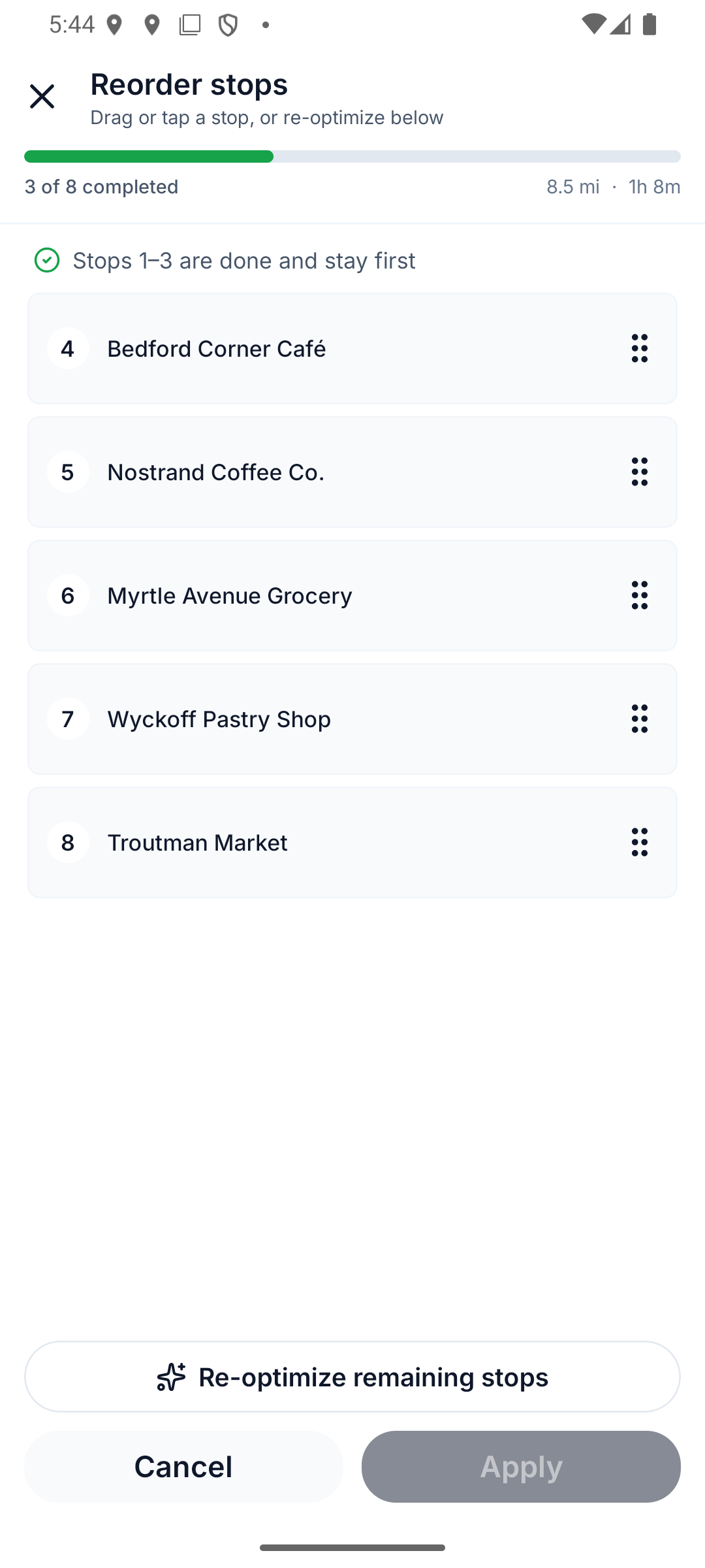 Reorder stops mode with drag handles and Re-optimize remaining stops