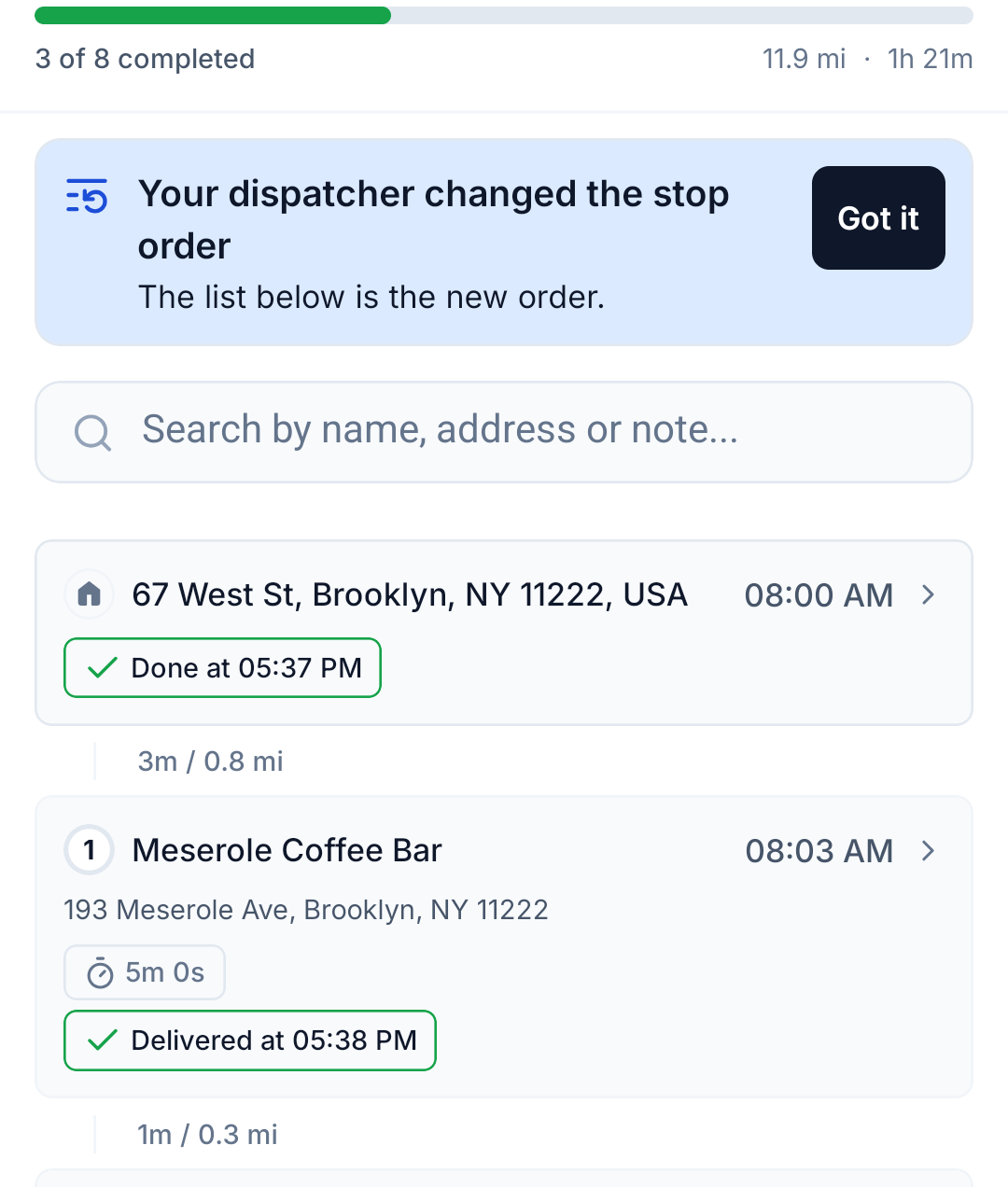 Banner on the route screen: Your dispatcher changed the stop order