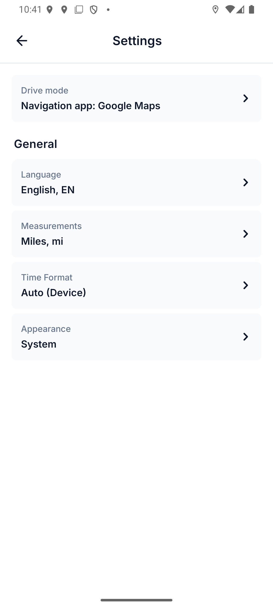 Profile › Settings with Drive mode first, then language, units, time format and Appearance