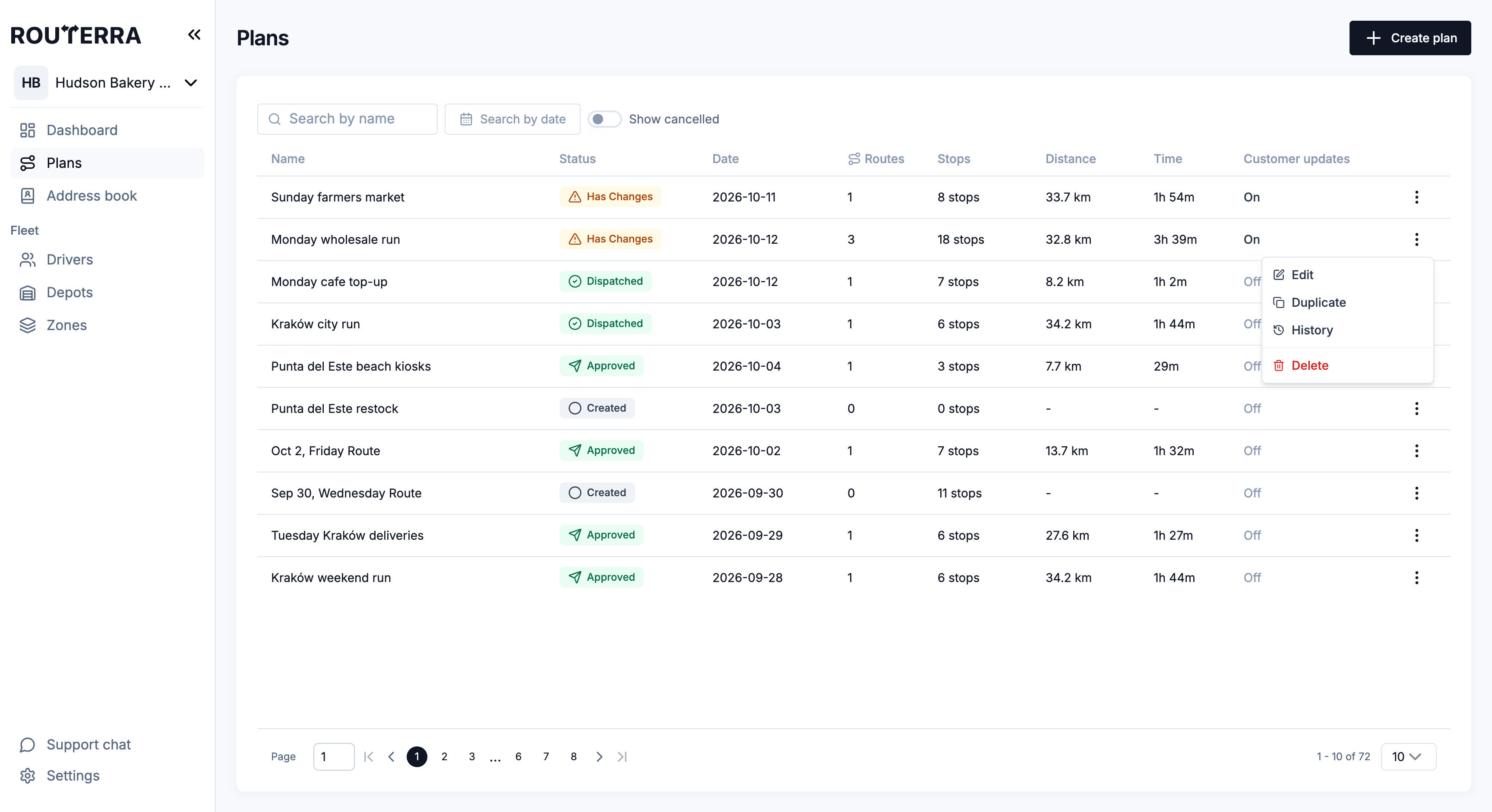 The plans list with a row menu open showing the Duplicate action