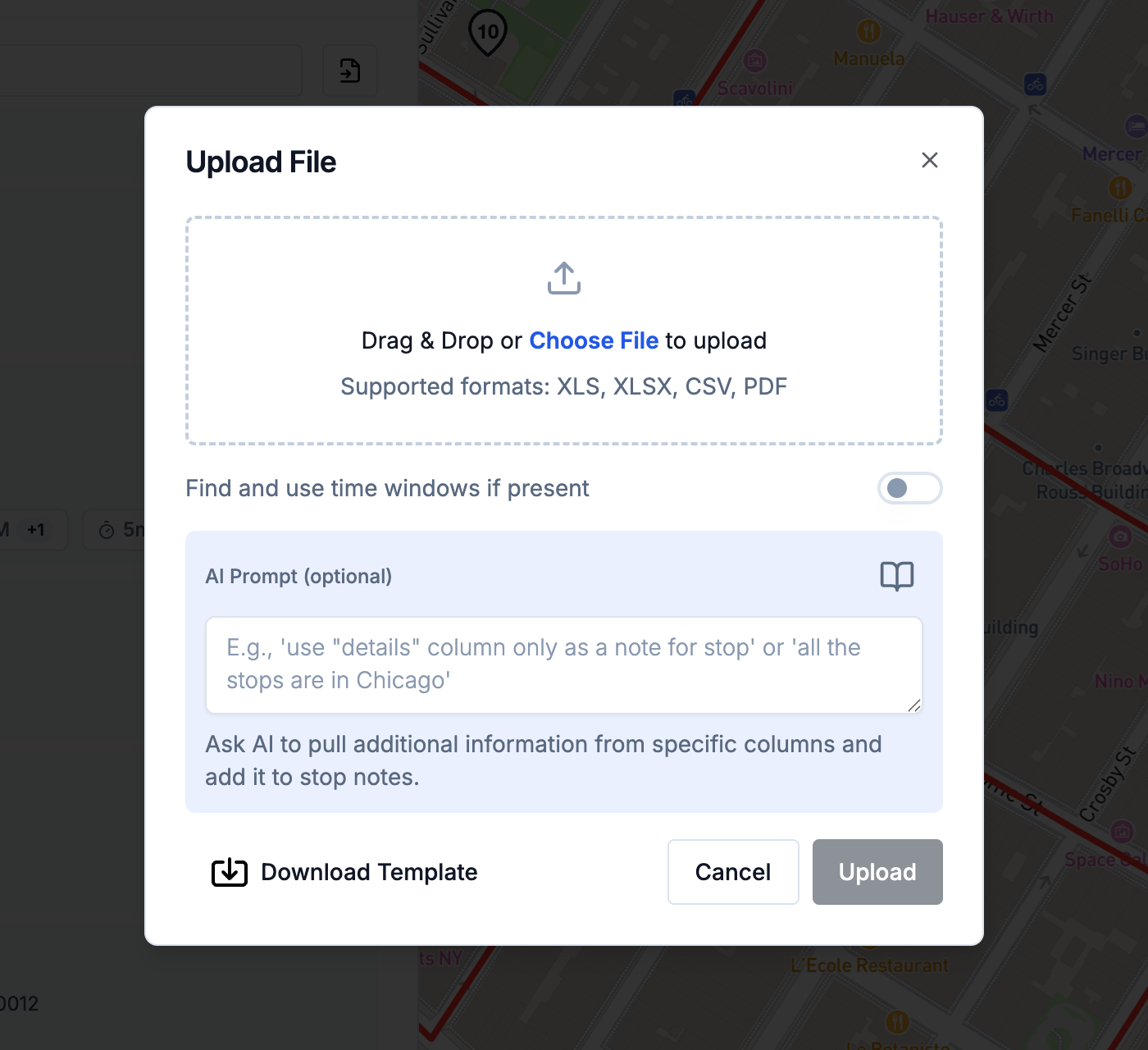 Upload File dialog with the template link and AI prompt field