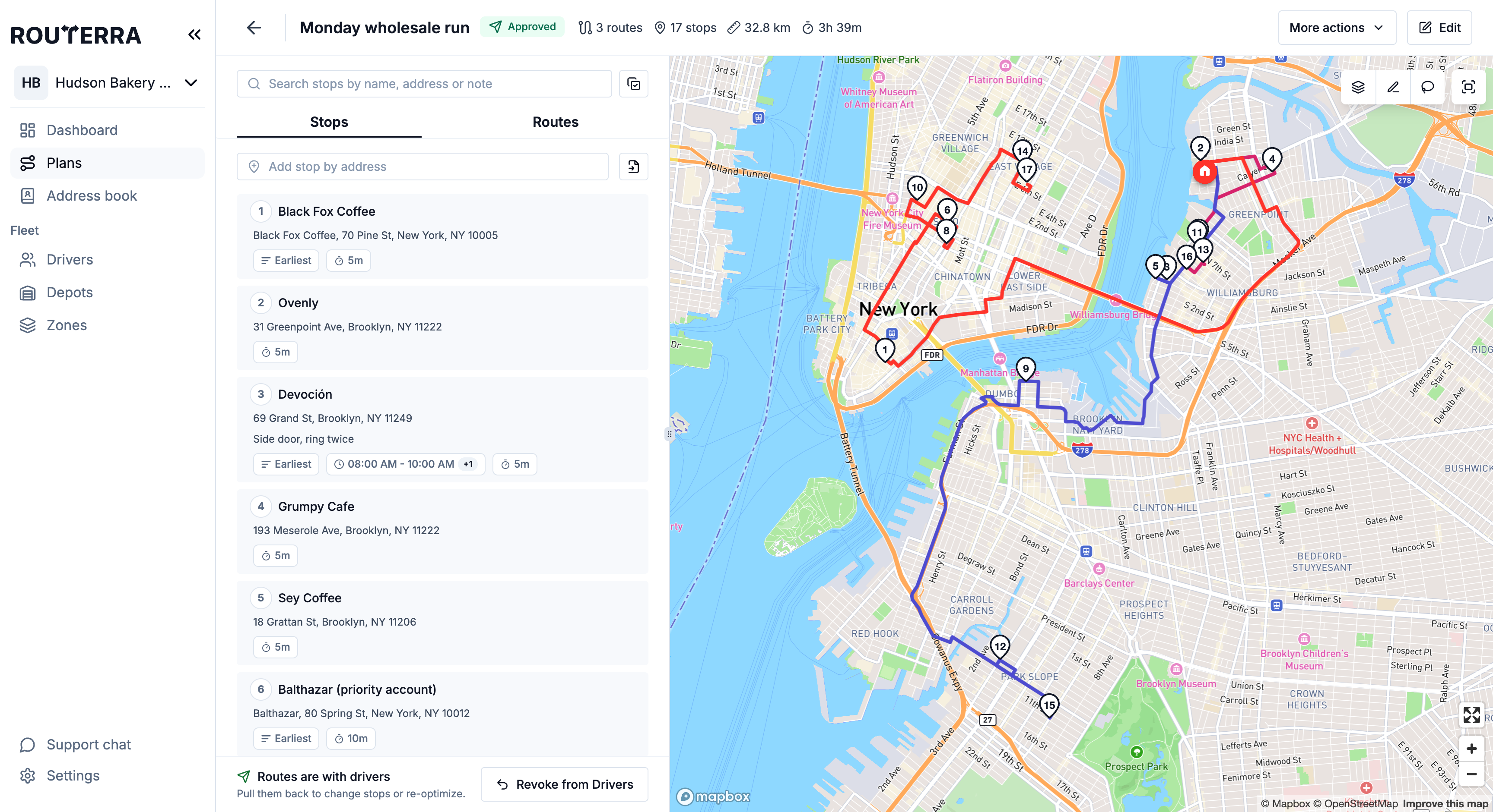 An approved plan's Stops tab: Routes are with drivers, with the Revoke from Drivers button