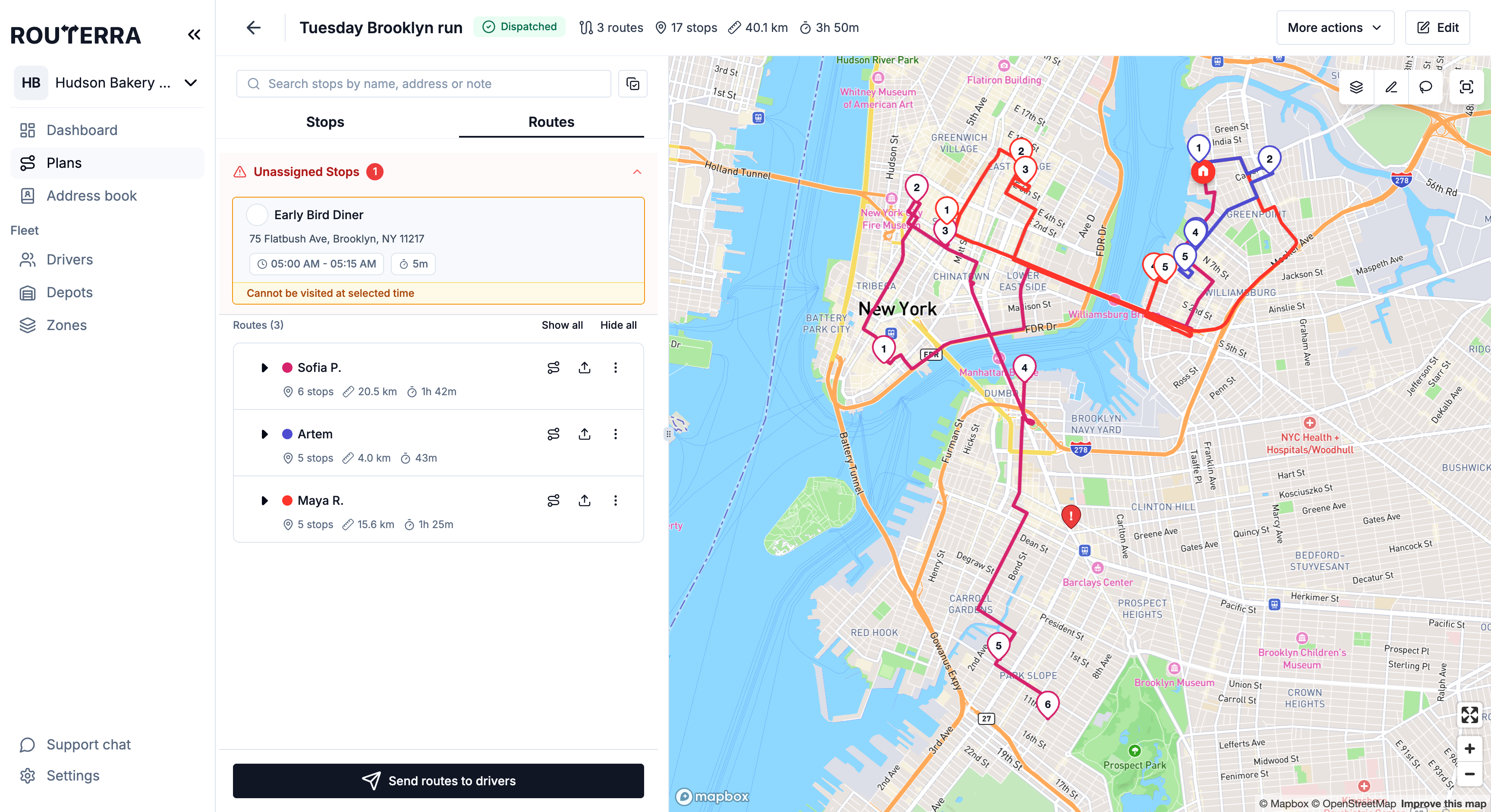 Routes tab with three per-driver routes and an Unassigned Stops group showing why the stop was left out