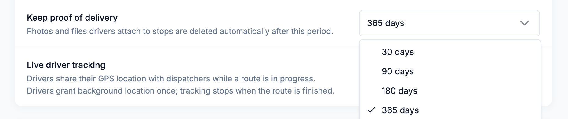 Team defaults with the Keep proof of delivery options open