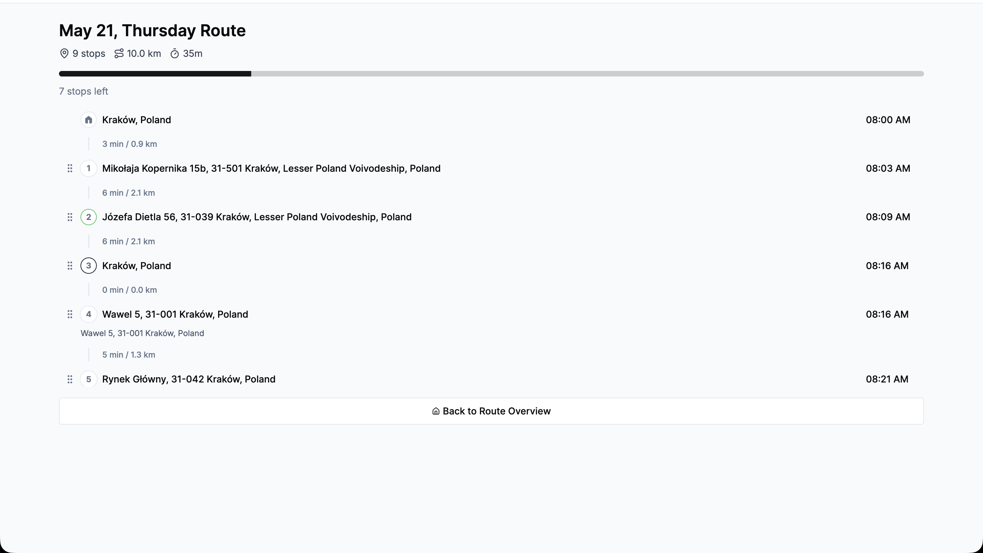 Web drive-mode page showing the progress bar, stops left, and current stop