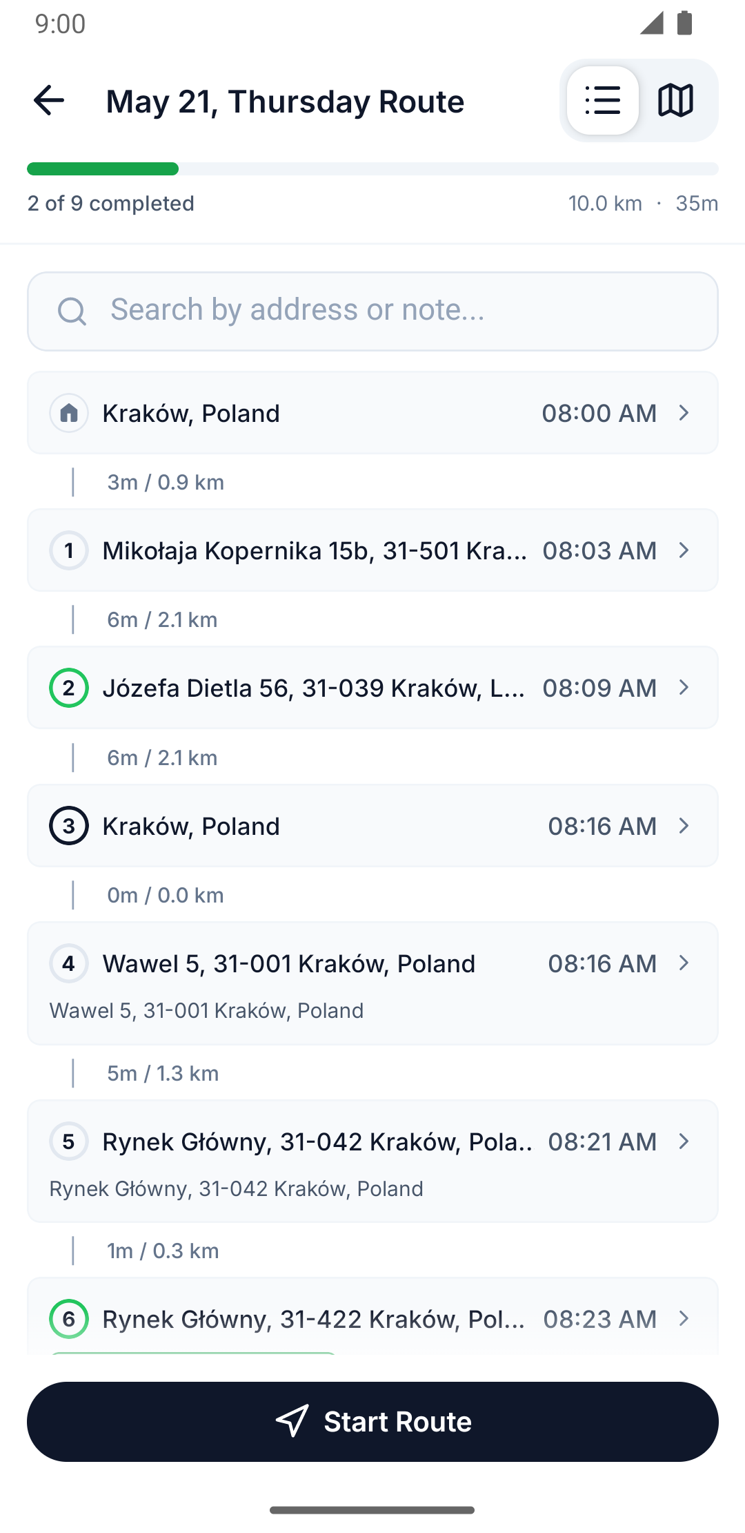 Drive-mode overview with the progress bar and route lifecycle button