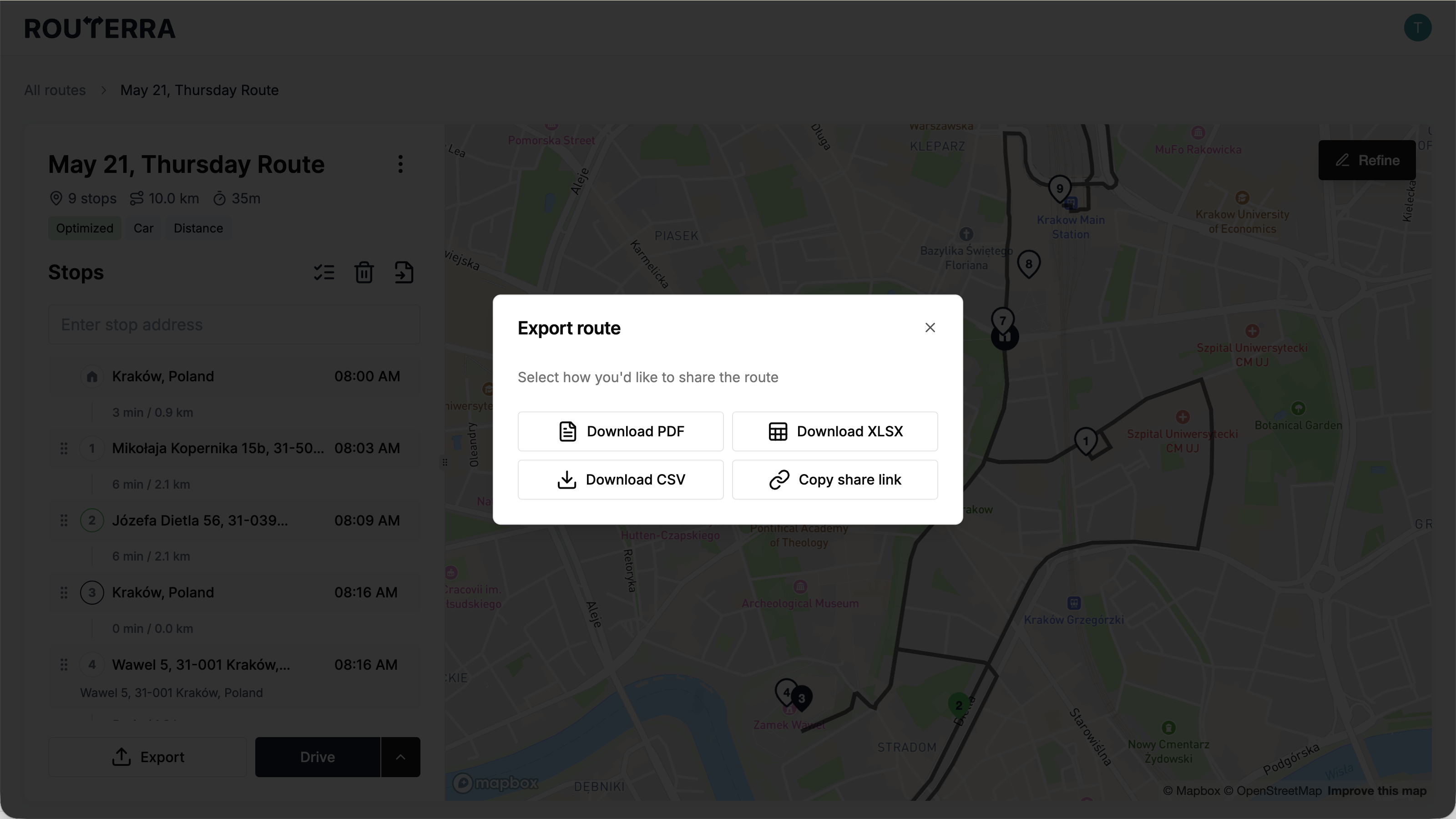 The Export route dialog on the web app