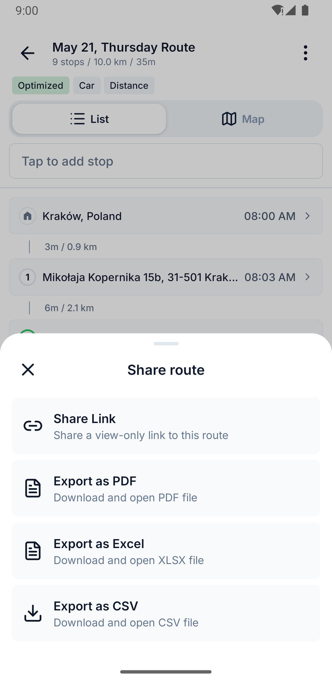 The Export screen in the phone app