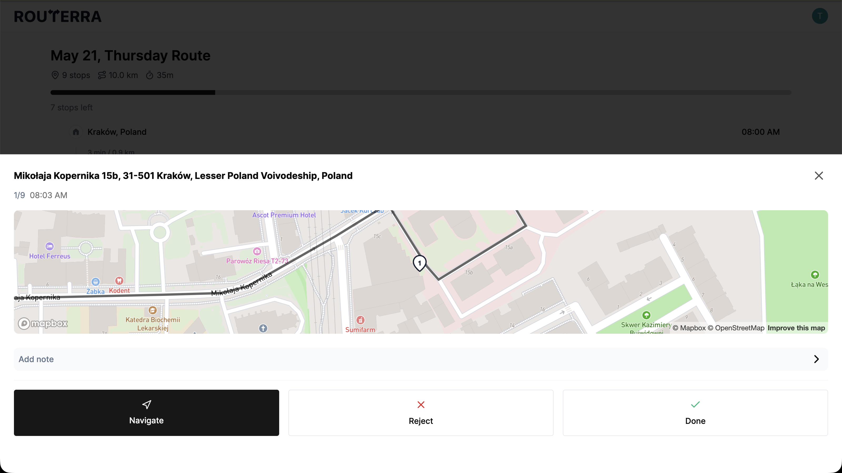 Web drive-mode stop card with the Done and Reject buttons