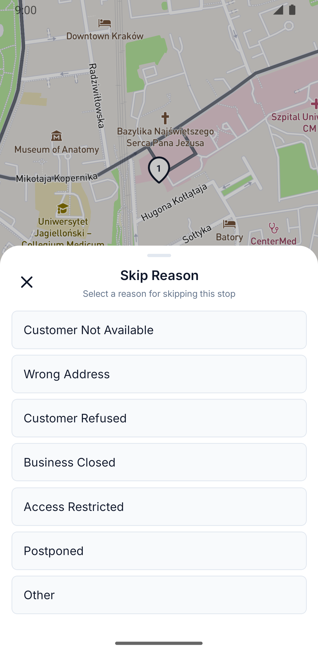 Skip-reason sheet with the list of failure reasons