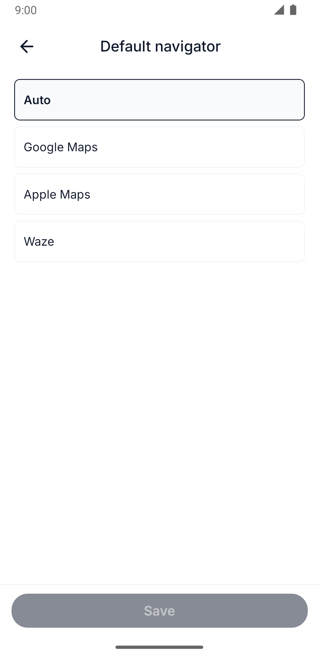 Default navigator setting screen